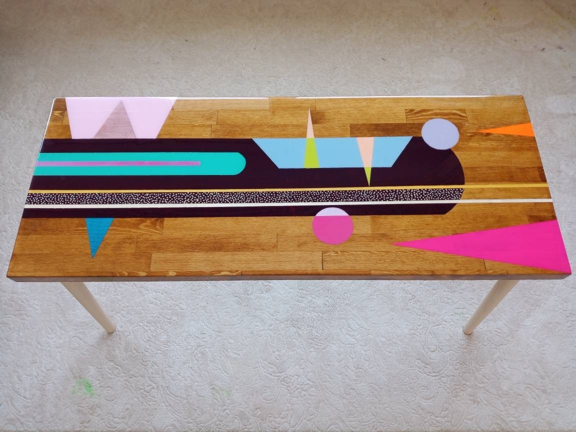 Colorful Mid Century Modern Resin Side Coffee Table, Abstract Vintage Retro Eclectic Living Room Pop Art Custom Made Unique Boho Cute Table