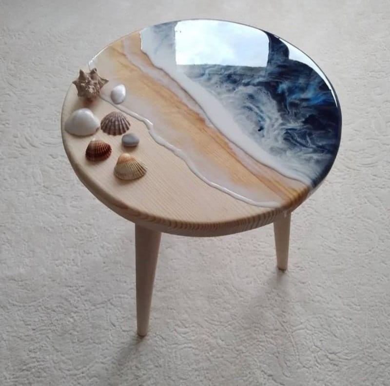 Round Ocean Wave Resin Side Coffee Table, Unique Wood Bedside Sofa End Natural Wooden Beach Themed Sea Art Coffee Table