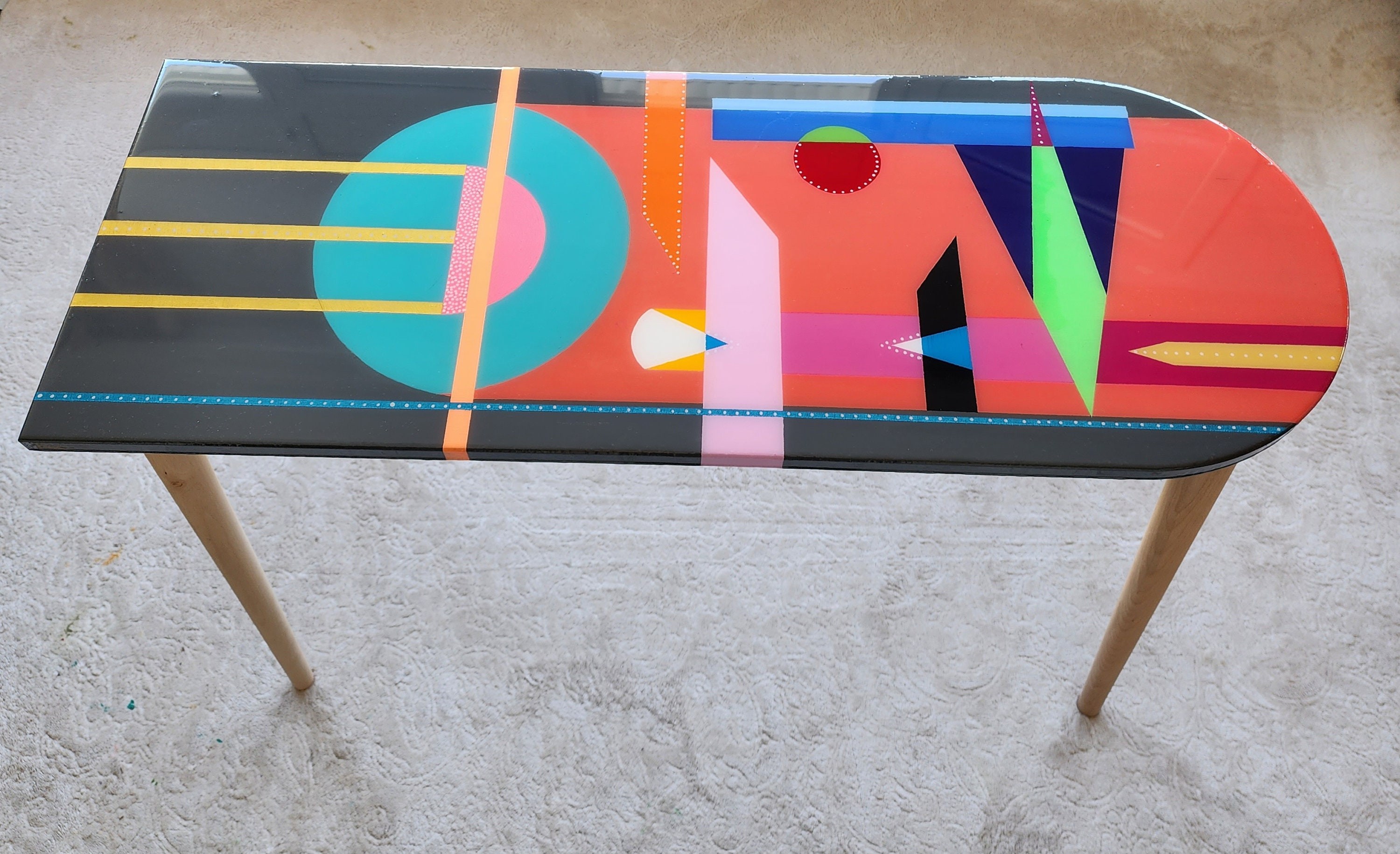 Oval Colorful Funky Abstract Epoxy Resin Side Coffee Table,Pink Black Groovy Vibrant Wooden Rainbow Retro Cool Luxury Center Art End Table
