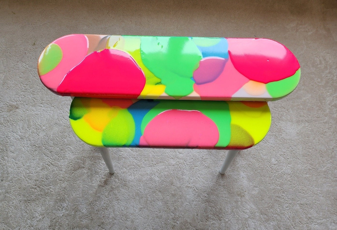 Oval Pink Funky Neon Painted 3D Abstract Resin Coffee Tables, Maximalist Eclectic  Cool Colorful Epoxy Nesting Cute Unusual Side Art Tables