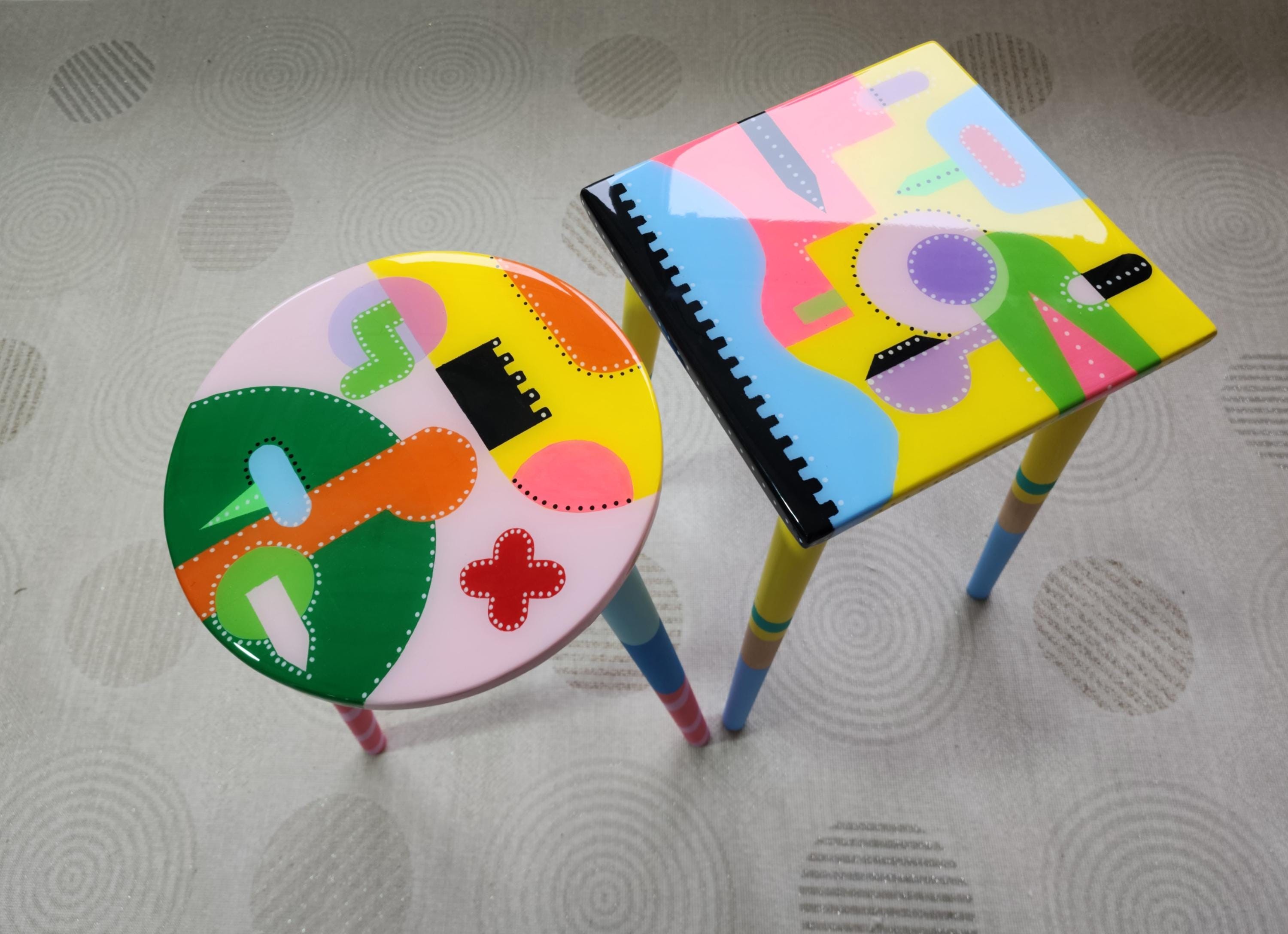 Colorful Painted Funky Abstract Cool Resin Side Coffee Tables,Wooden Modern Pink Orange Acrylic Quirky Bedside Furniture Cute Art Nightstand
