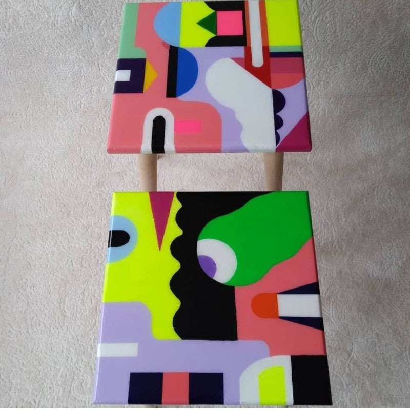 Colorful Pink Funky Wooden Side Resin Tables,Yellow Unique Bedside Living Room Modern  End Center Epoxy Abstract Cool Sofa Art Coffee Tables