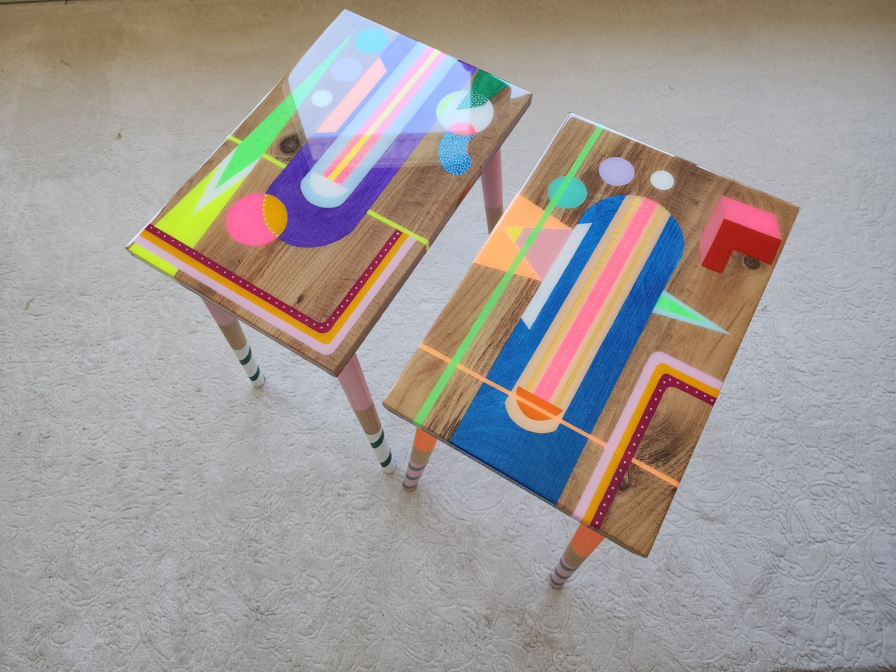 Abstract Cool Epoxy Resin Colorful Side End Tables,Rainbow Funky Groovy Vibrant Retro Modern Unique Eclectic Geometric Sofa Art Design Table