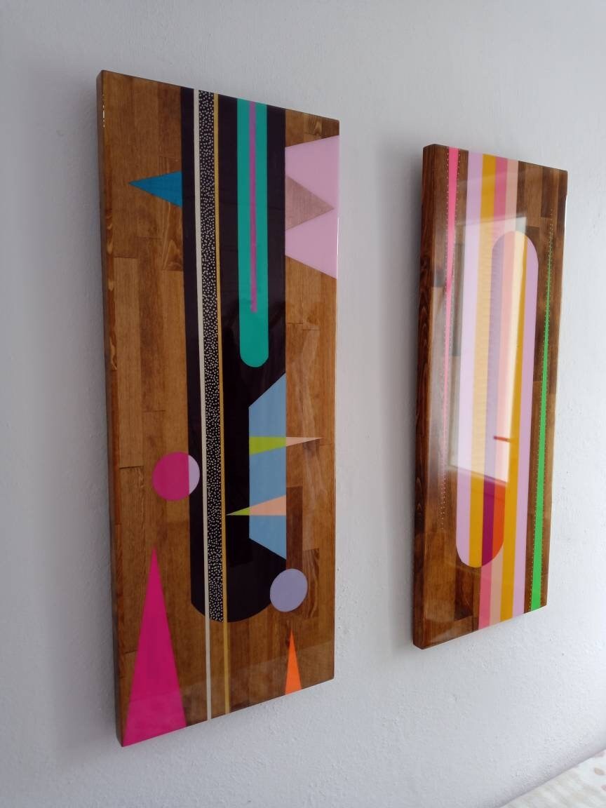 Contemporary Epoxy Resin Wall Art Decor,Wooden Geometric Modern Unique Glamorous Colorful Abstract Luxury Living Room Funky Wall Art Design