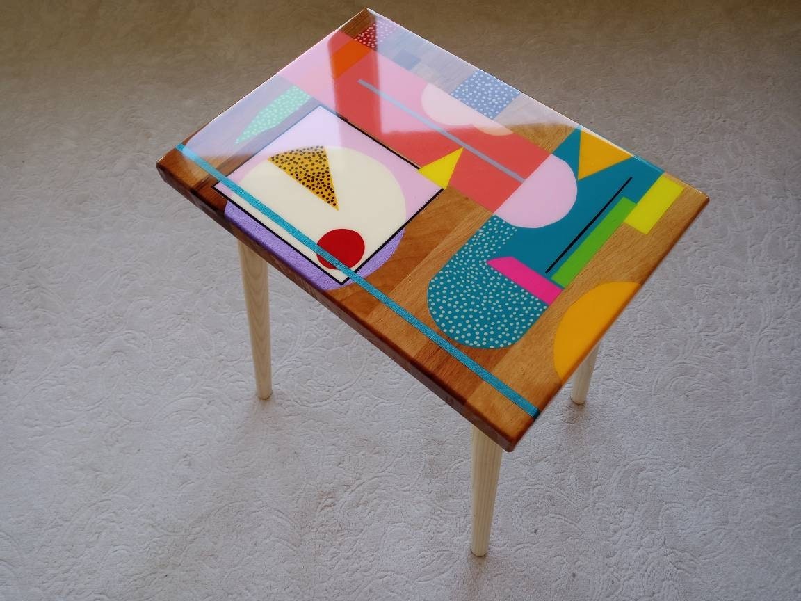 Small Wooden Handmade Resin Cool Side Coffee Table,Pink Modern Bedside Living Room Entryway End Colorful Abstract Funky Boho Epoxy Art Table