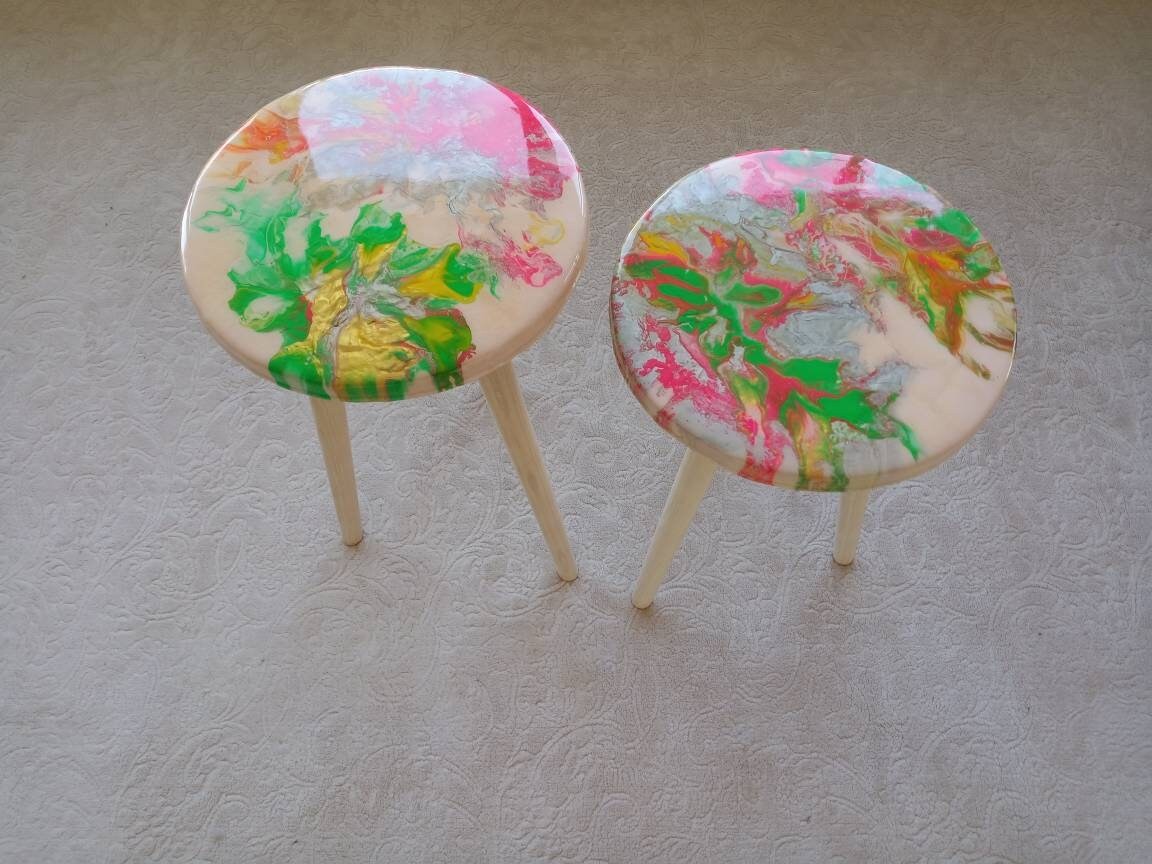 Round Abstract Pink Green Epoxy Resin Side Coffee Tables