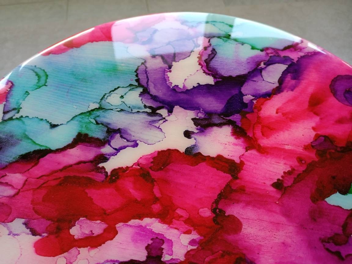 Round Colorful Abstract Vibrant Epoxy Resin Side Table,Painted Small Unusual Eclectic Cool Cute Wooden End Sofa Red Center Art Coffee Table