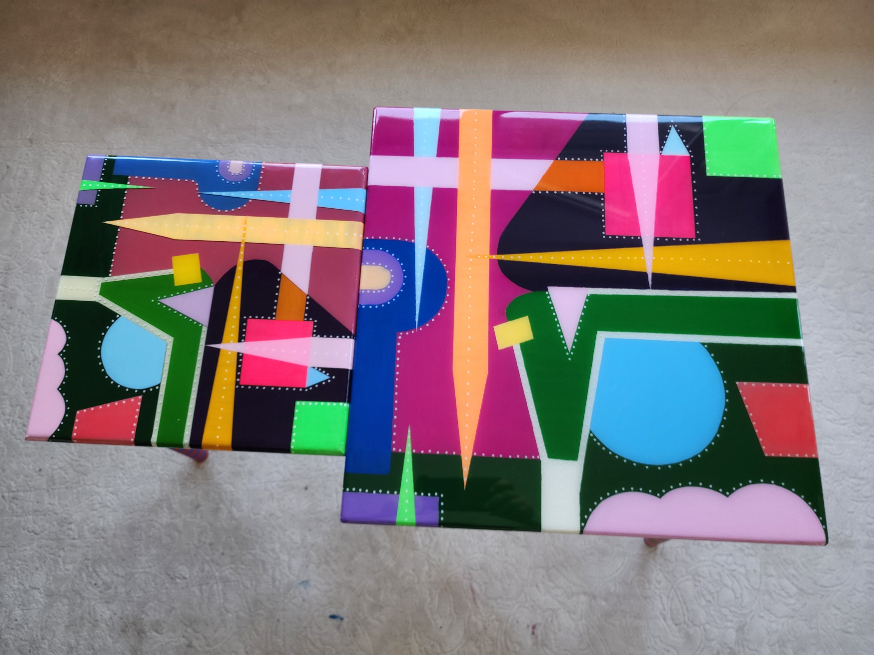 Unusual Abstract Funky Colorful Side Nesting Art Resin Coffee Tables