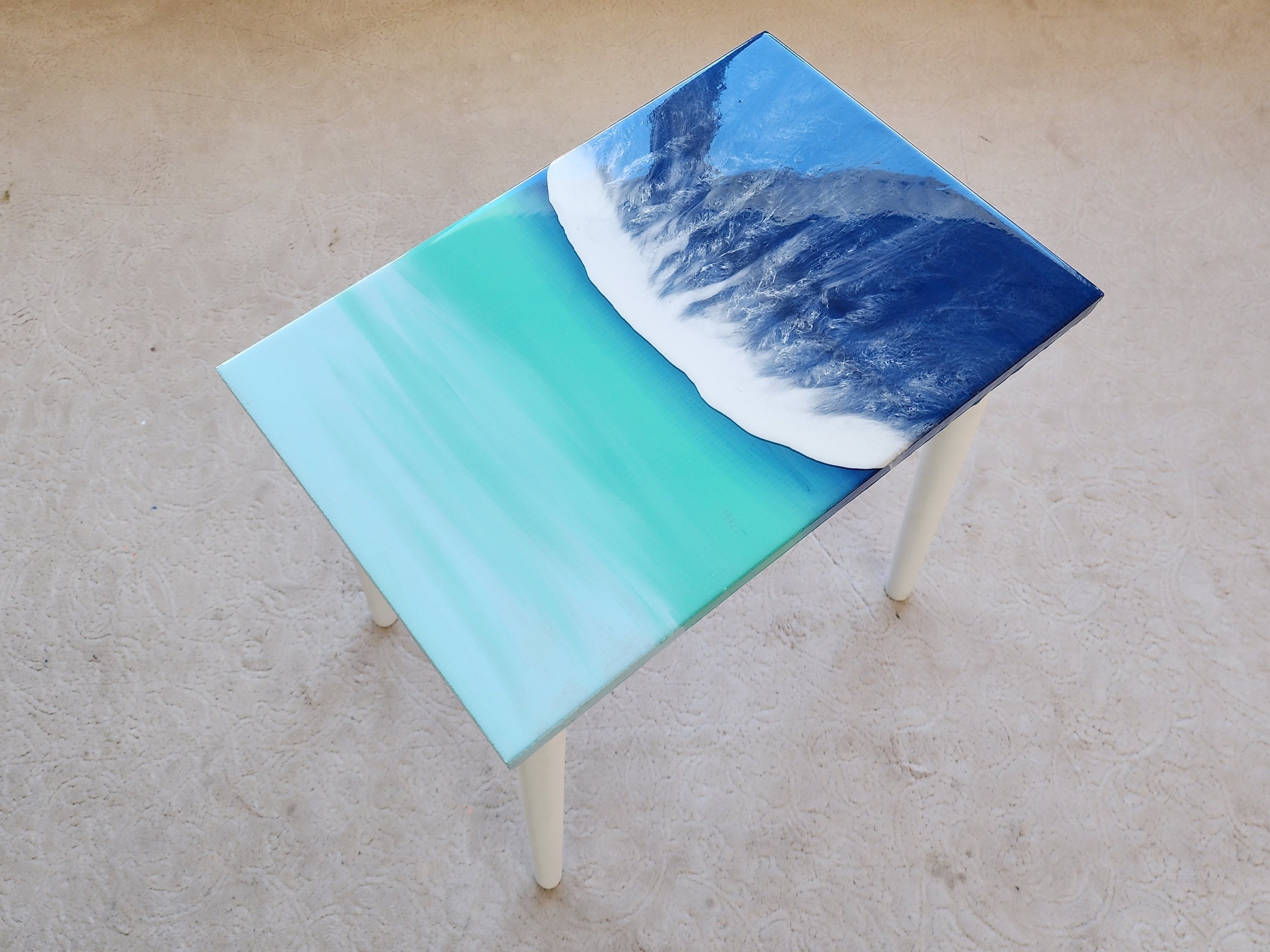 Small Natural Epoxy Resin Coastal Beach Side Coffee Table, Unique Cool Nautical Bedside Bedroom Entryway Sea House Decor Blue End  Table