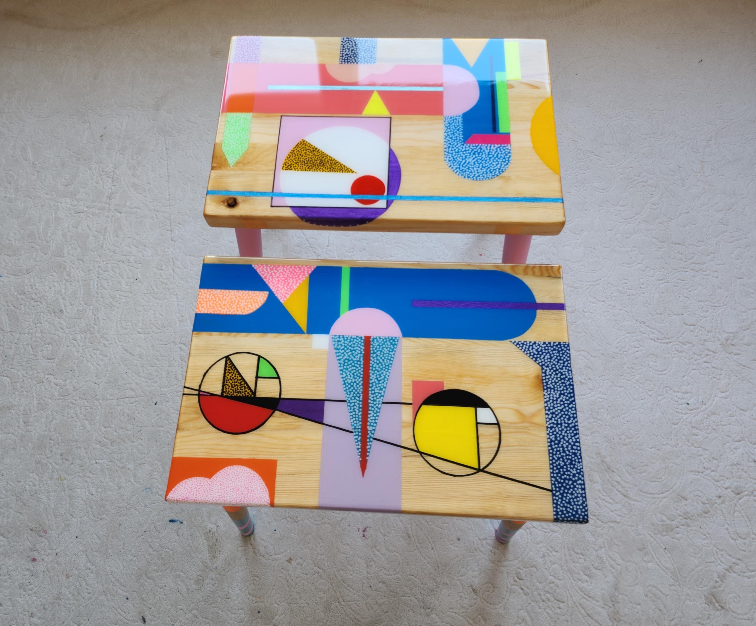 Colorful Pink Blue Painted Funky Resin Side Art Coffee Tables,Unique Abstract Bedside Living Room Entryway Boho MCM Quirky Epoxy Cute Table