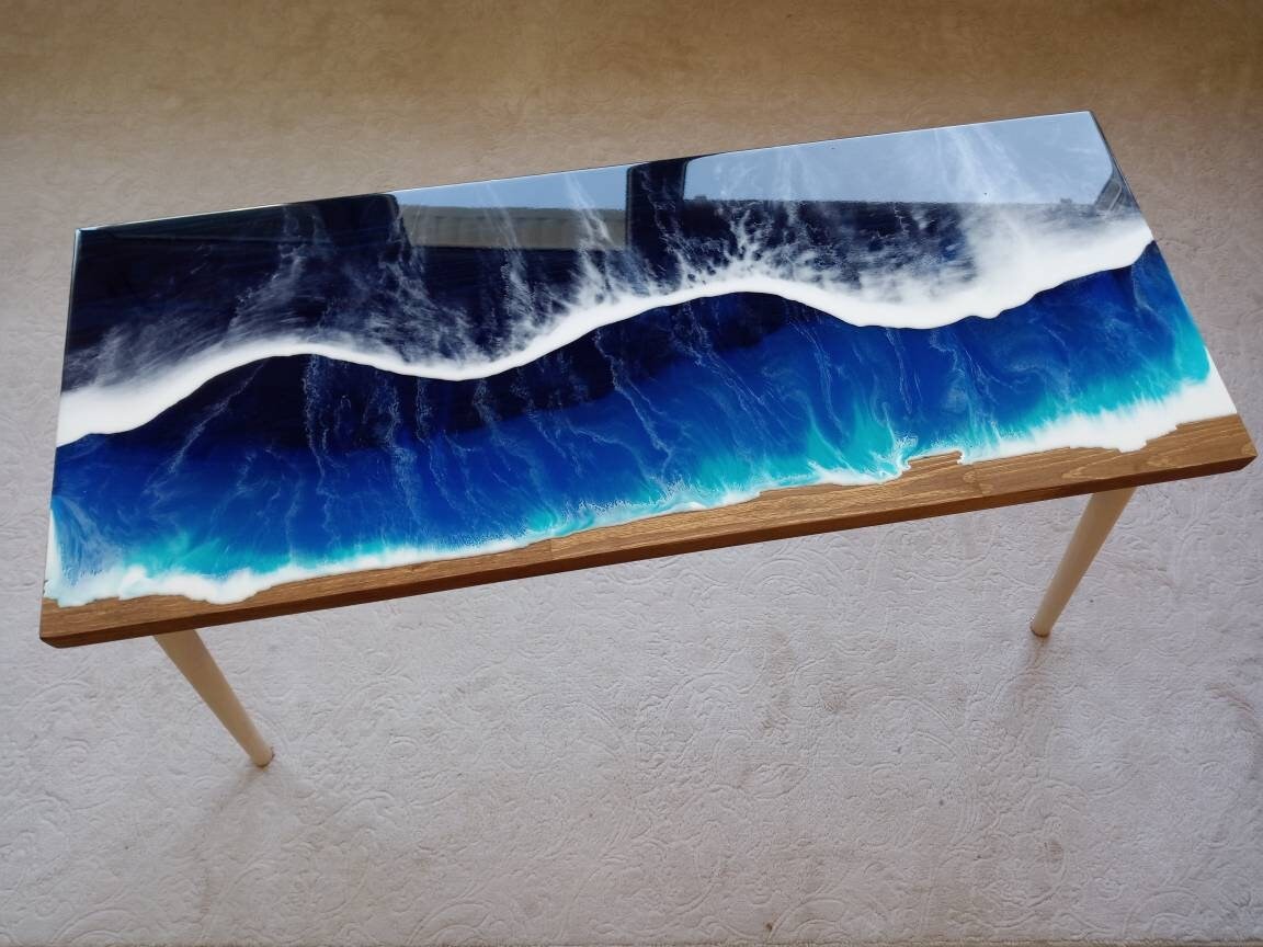 Wooden Natural Ocean Wave Resin Side Table,Blue Beach Themed Living Room Bedroom Entryway Nautical Cool Epoxy End Sofa Sea Art Coffee Table