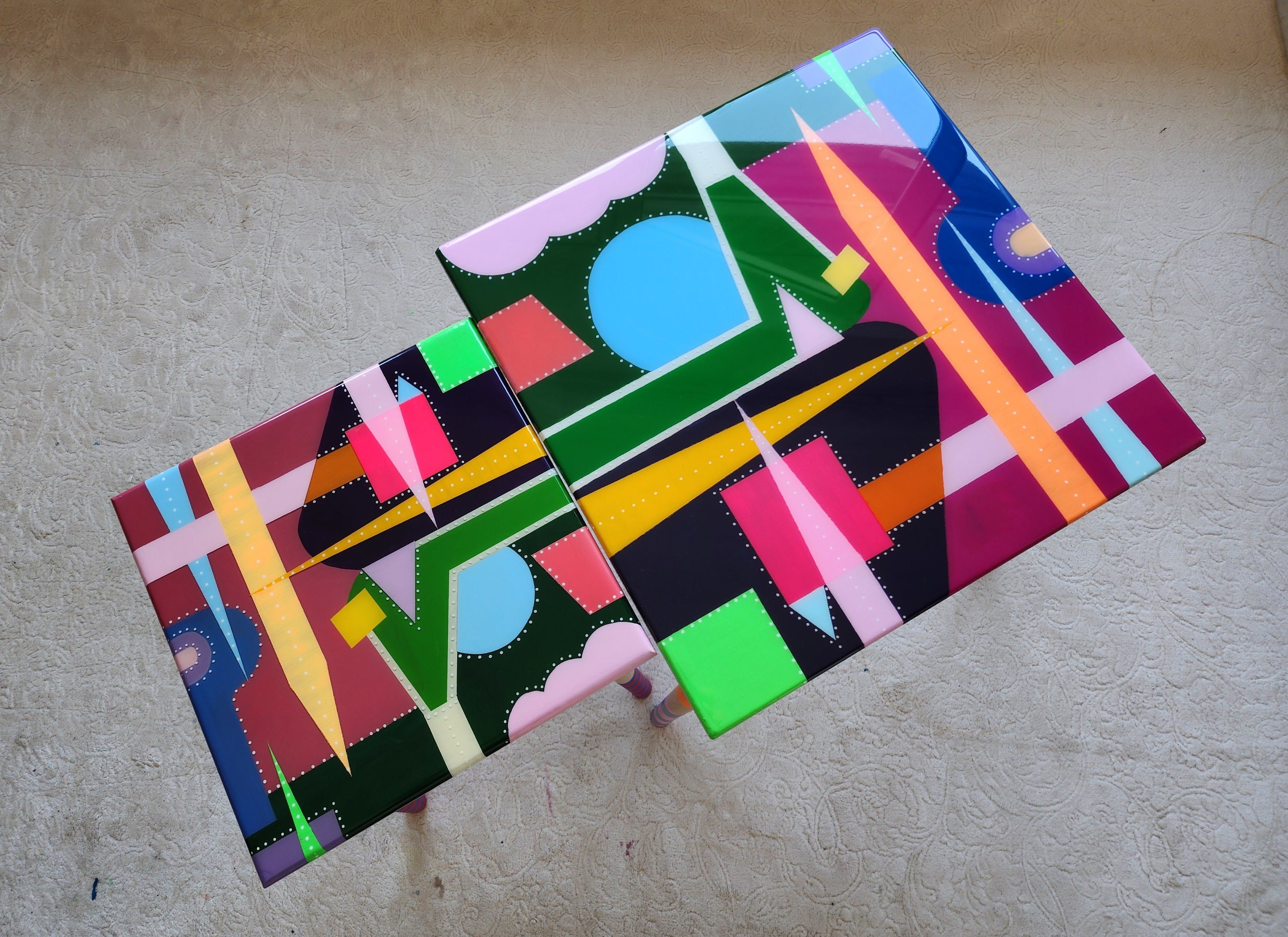 Unusual Abstract Funky Colorful Side Nesting Art Resin Coffee Tables