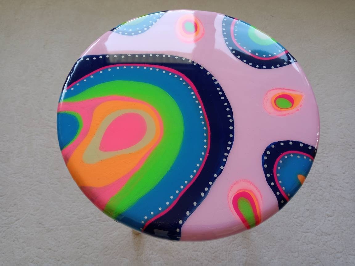 Vibrant Funky Groovy Epoxy Resin Side End Tables,Colorful Rainbow Retro Modern Unique Eclectic Abstract Sofa Art Design Cool Coffee Tables