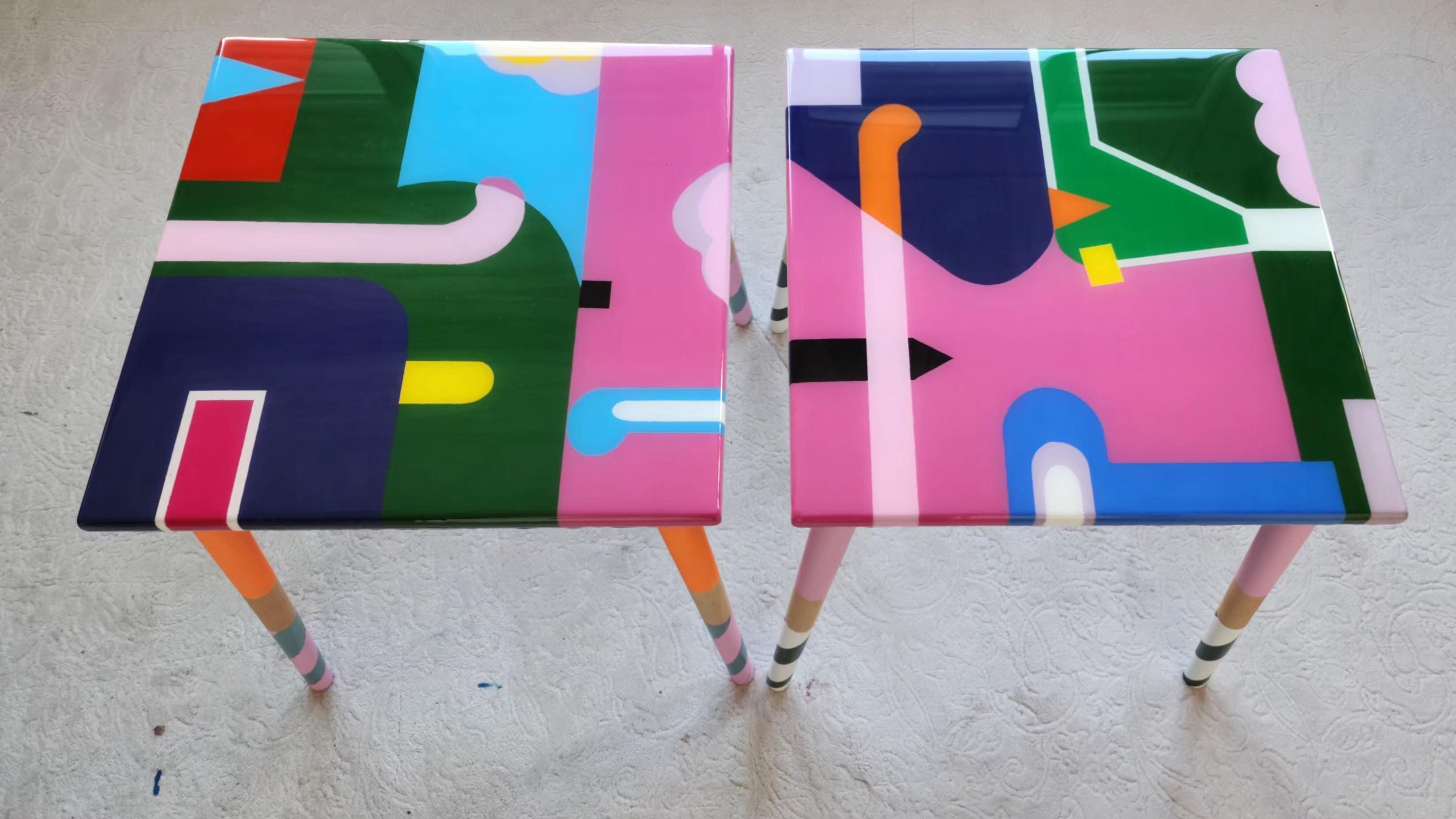 Handmade Colorful Abstract Resin Side Funky Coffee Tables, Modern Cool Bedside Living Room Entryway End Sofa Middle Wooden Epoxy Boho Tables