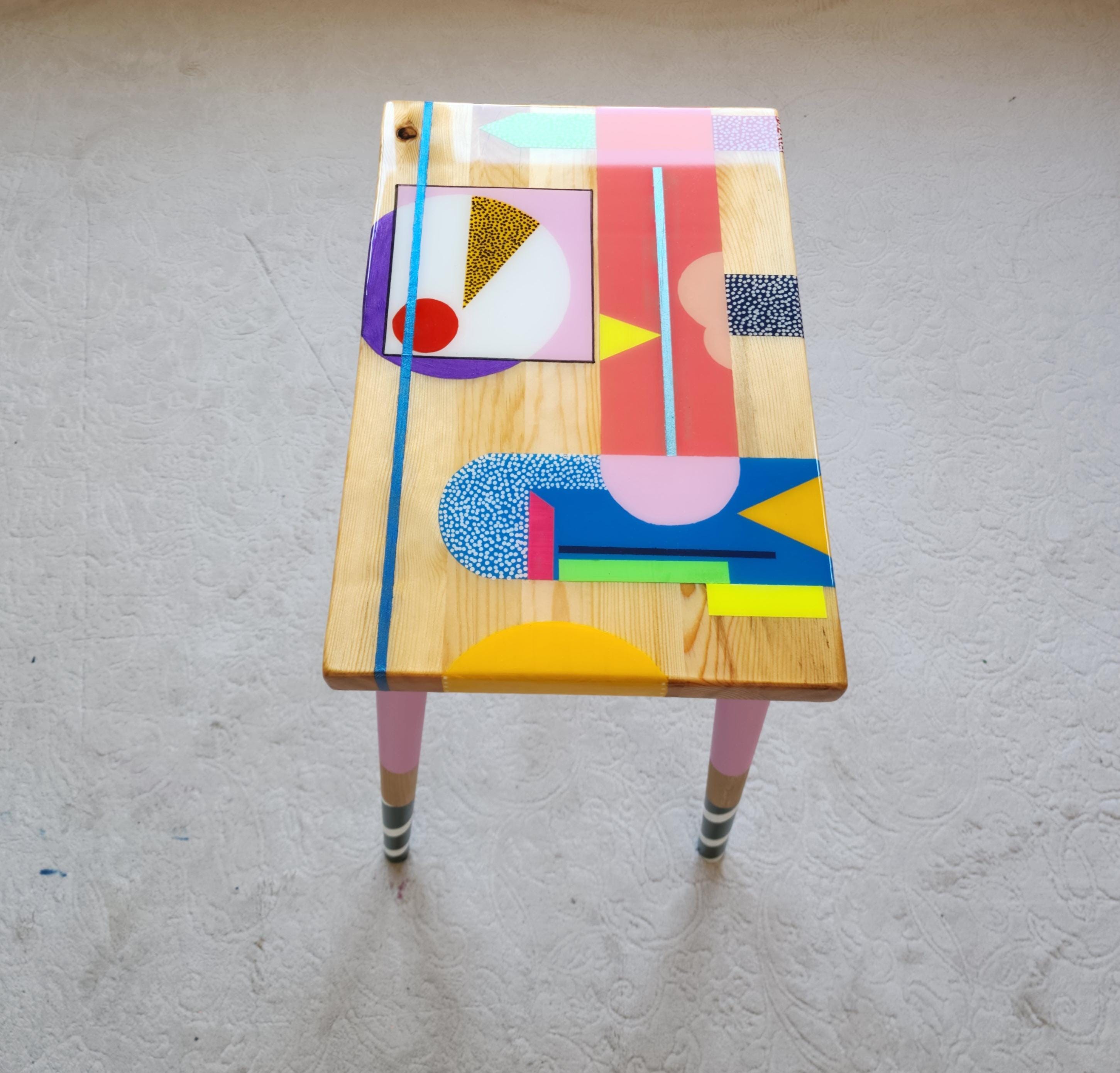 Small Wooden Handmade Resin Cool Side Coffee Table,Pink Modern Bedside Living Room Entryway End Colorful Abstract Funky Boho Epoxy Art Table
