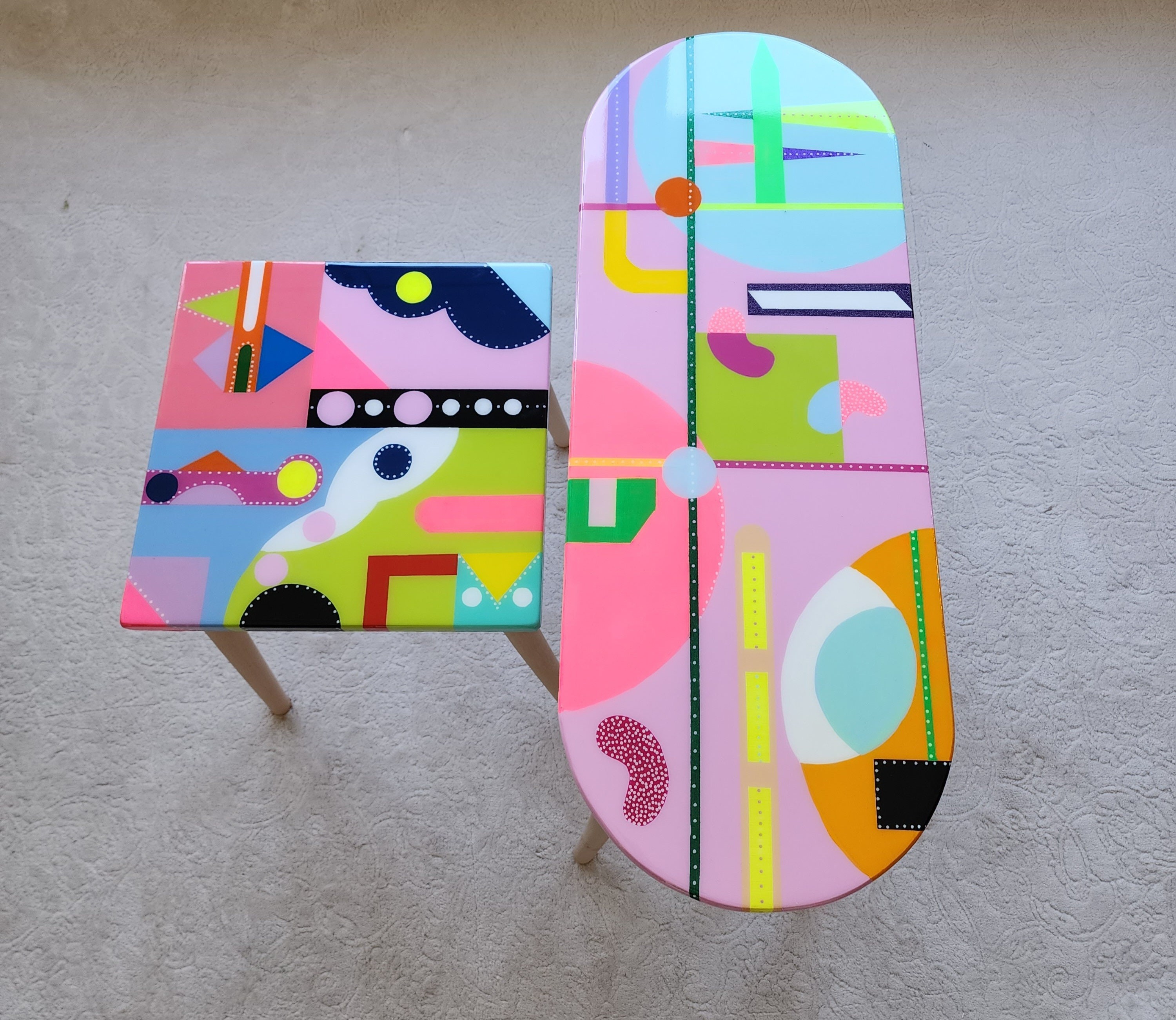 Mid Century Modern Pink Resin Narrow Coffee Tables, Colorful Abstract Vibrant Funky Eclectic Cool Retro Painted Epoxy Side End Pop Art Table