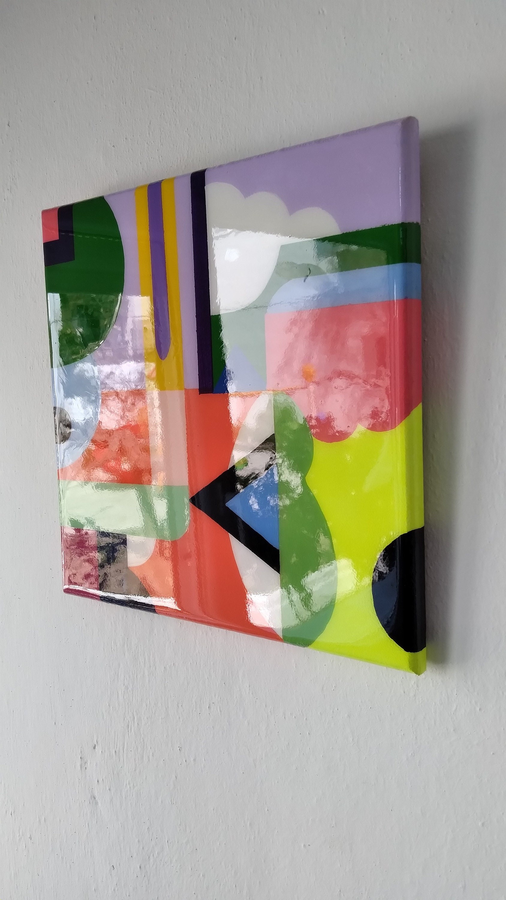 Colorful Abstract Funky Cool Resin Side Coffee Table,Wooden Square Center Corner Bedside Rainbow Pink Pop Art Design Unusual Epoxy End Table