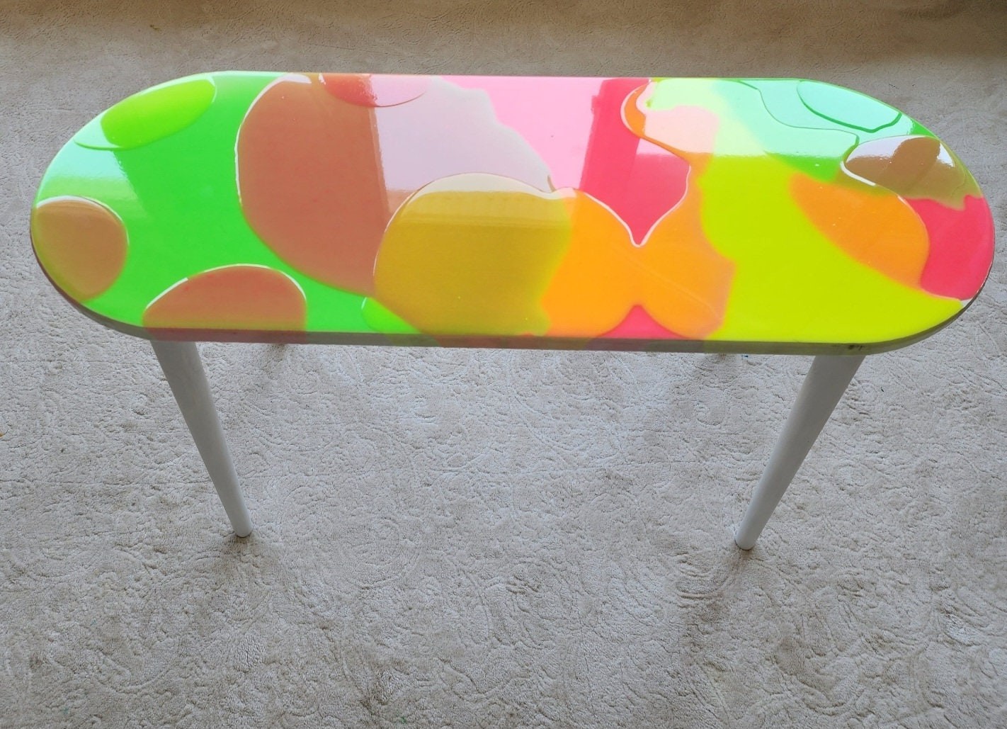 Modern Colorful Abstract Resin Funky Pink Side Coffee Table, Wooden Multicolor Furniture Cool Living Room Epoxy Art Live Edge Boho End Table