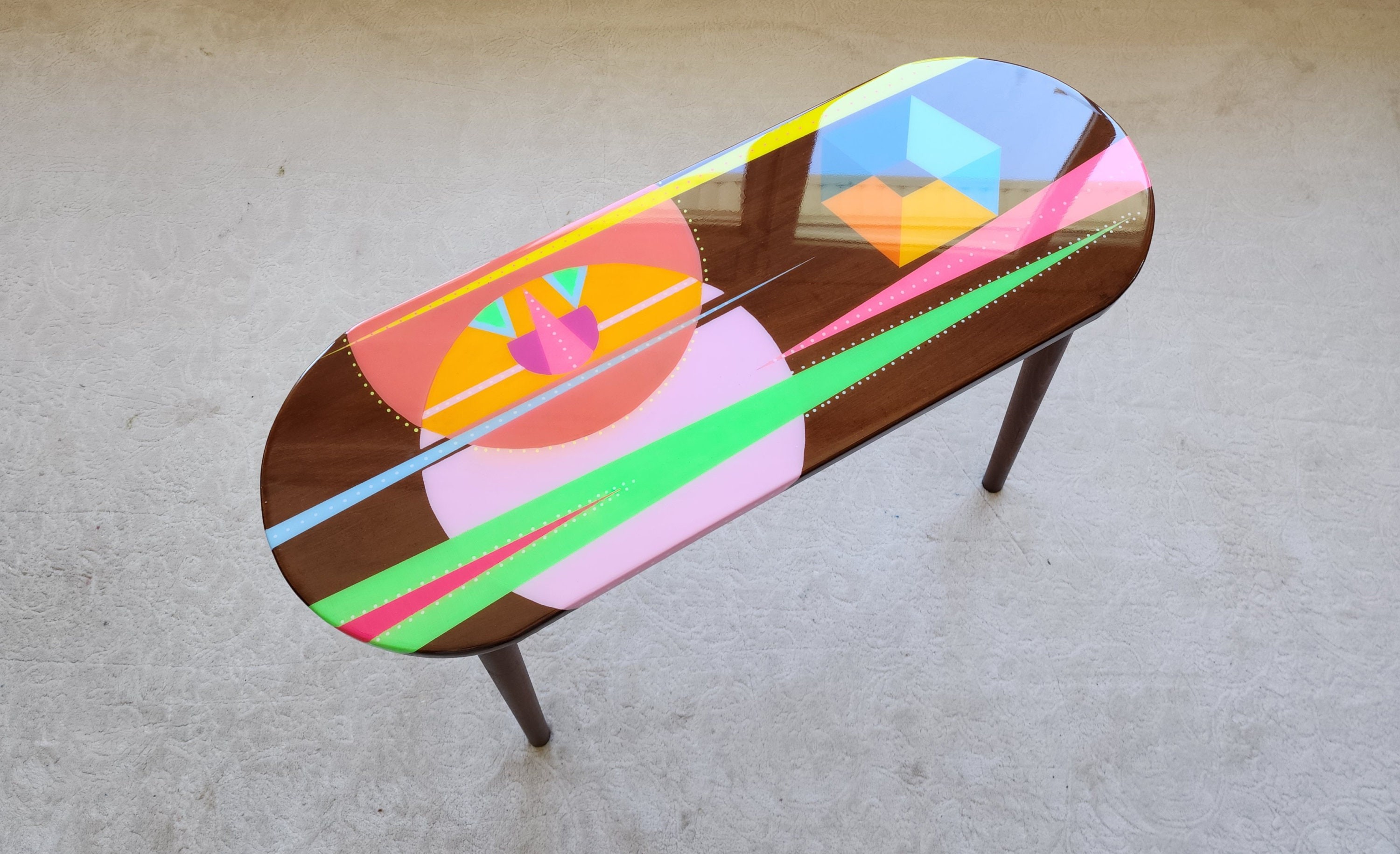 Unusual Pink Funky Colorful Side Narrow Resin Coffee Tables,Maximalist Eclectic Abstract Cool Neon Painted Leg Epoxy Cute Boho Pop Art Table