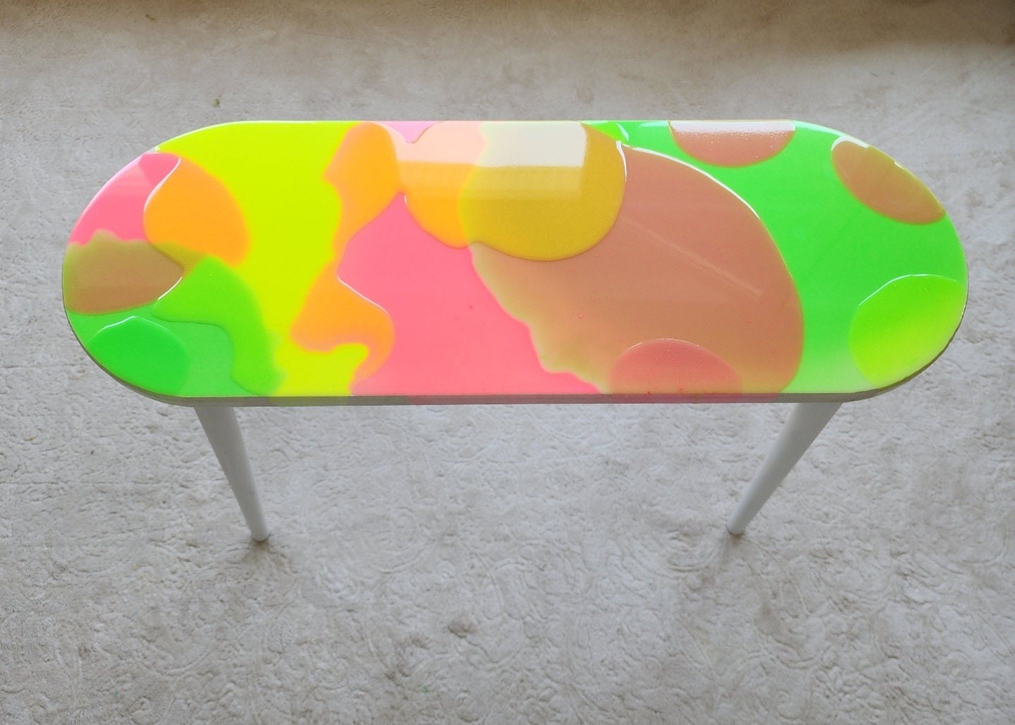 Modern Colorful Abstract Resin Funky Pink Side Coffee Table, Wooden Multicolor Furniture Cool Living Room Epoxy Art Live Edge Boho End Table