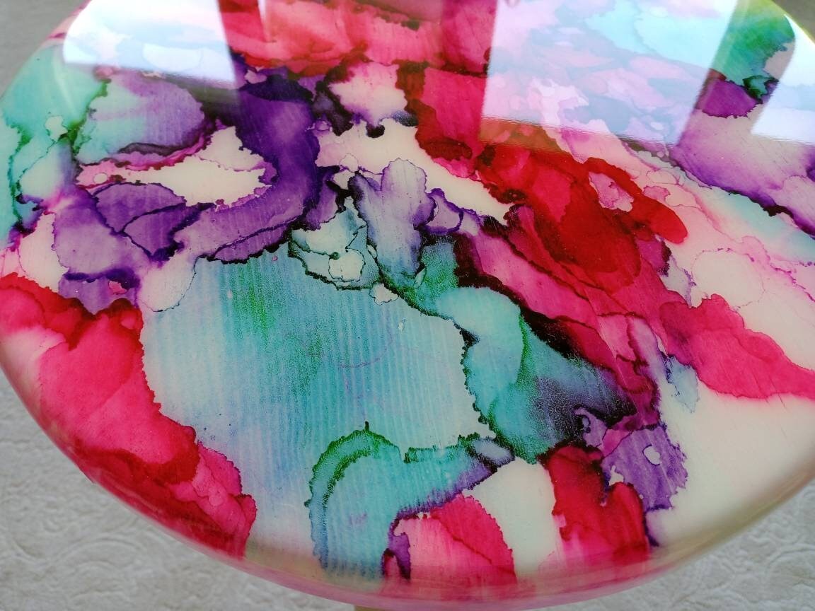 Round Colorful Abstract Vibrant Epoxy Resin Side Table,Painted Small Unusual Eclectic Cool Cute Wooden End Sofa Red Center Art Coffee Table