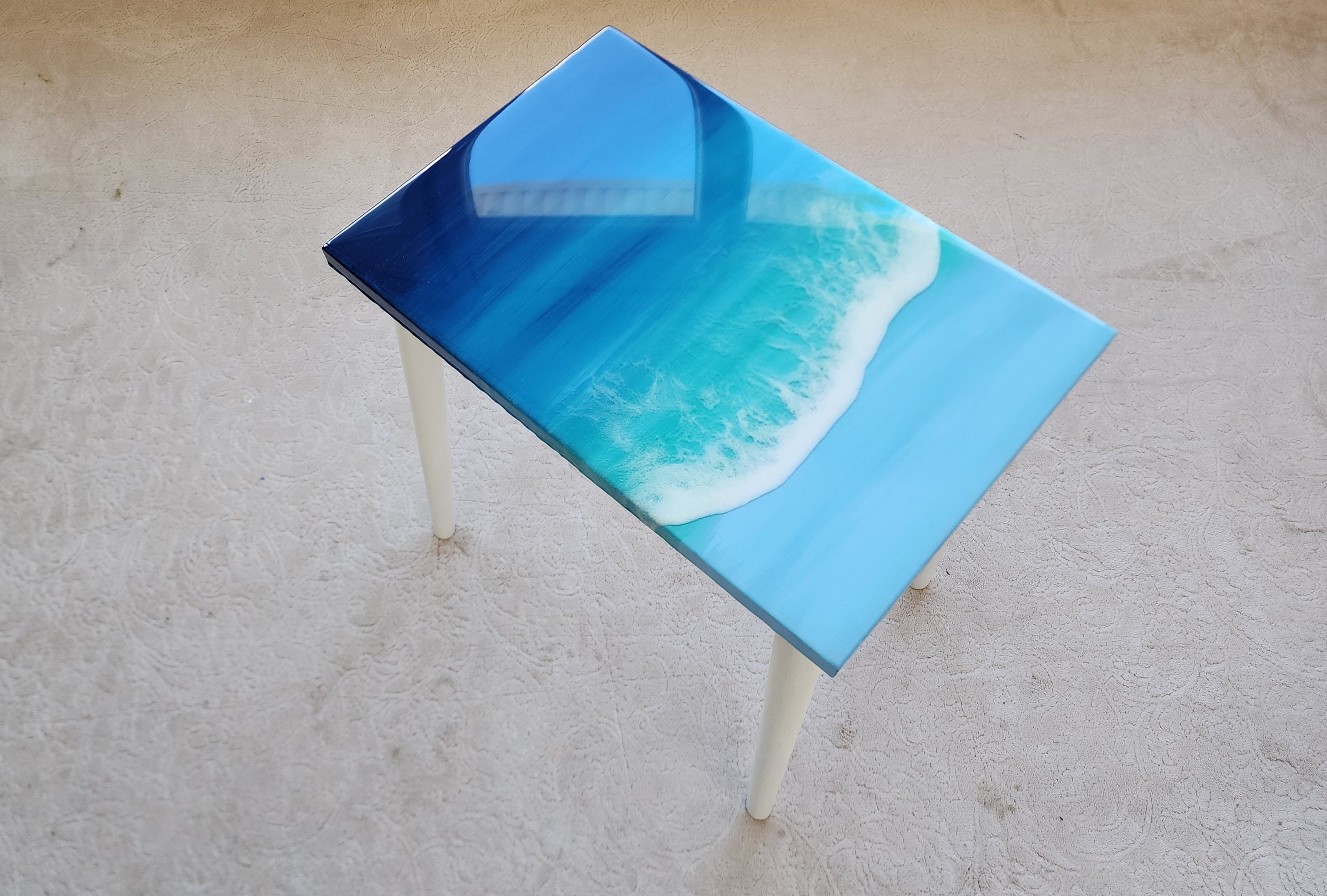 Natural Epoxy Resin Coffee Beach Side Tables With Ocean Wave Design, Handmade Wooden Blue White Sea Tables In Nautical Style, Coastal Tables