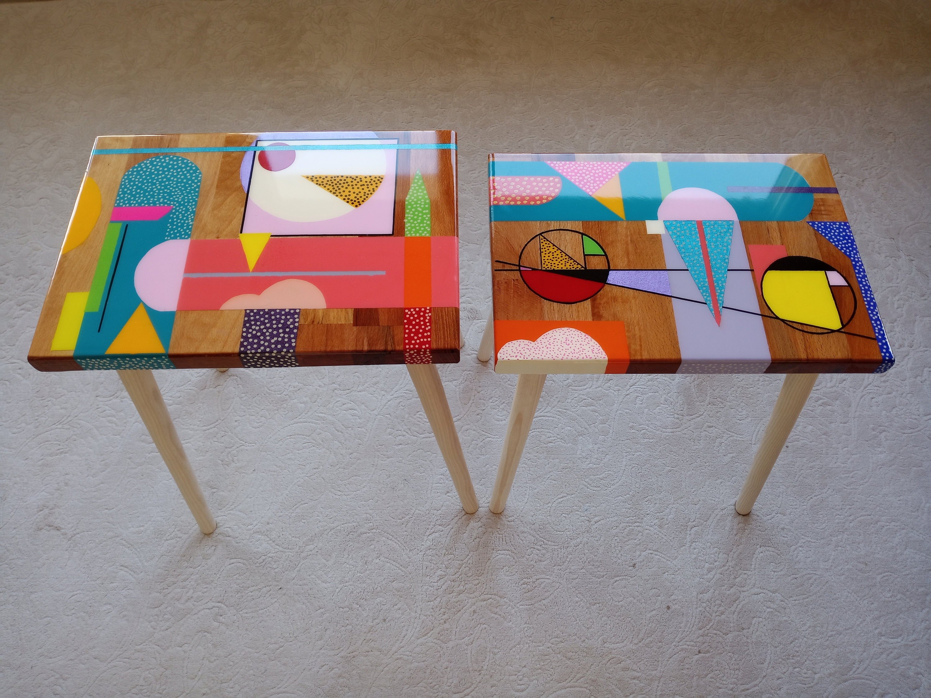 Colorful Hand Painted Funky Resin Side End Tables, Unique Pink Blue Abstract Bedside Living Room Entryway Boho 80s Epoxy Art Coffee Table