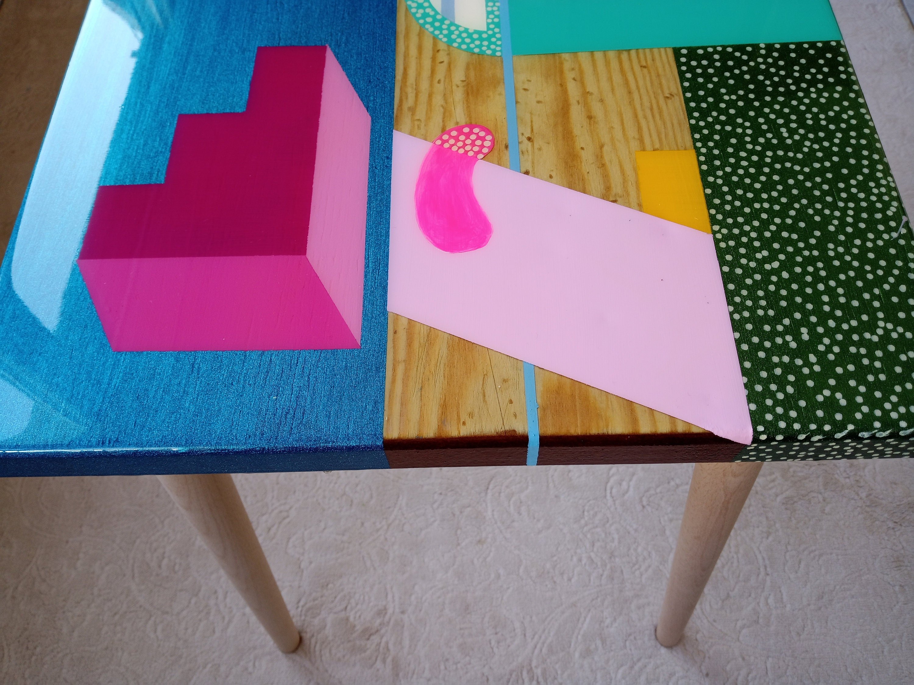 Handcrafted Abstract Art Mid Century Resin Side Table,Colorful Funky Cool Corner Center Living Room Entryway Wooden Epoxy Boho Coffee Table
