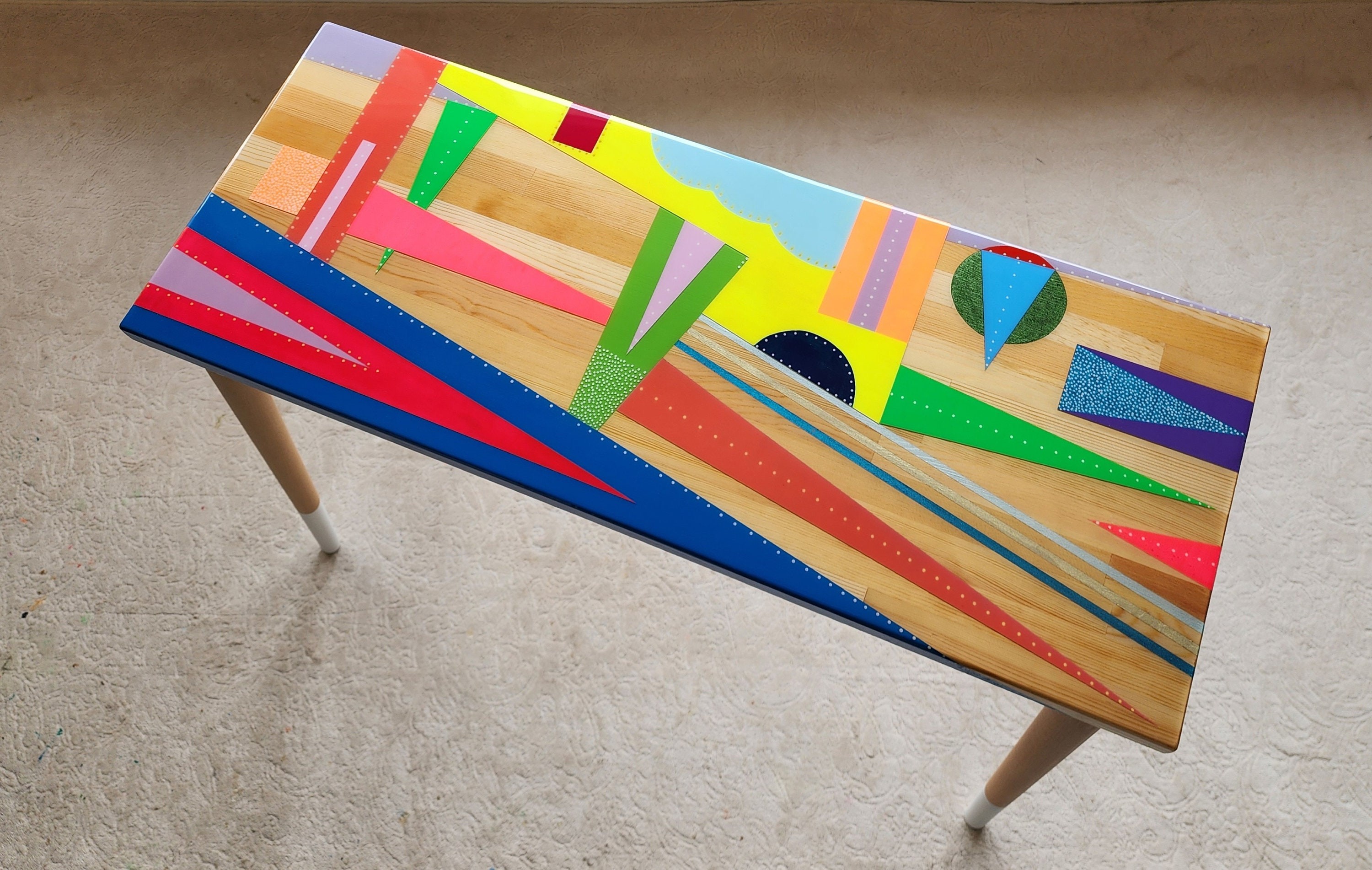 Colorful Funky Abstract Vintage Resin Table, Groovy Vibrant Wood Rainbow Pink Retro End Side Living Room Cool Epoxy Center Art Coffee Table
