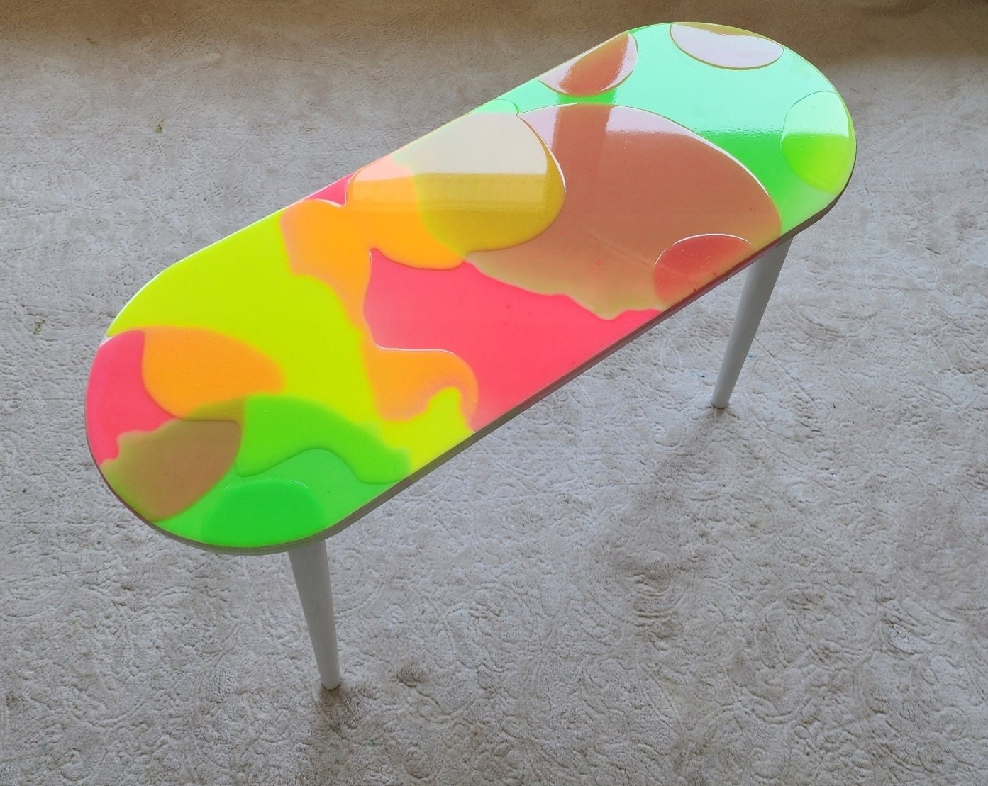 Modern Colorful Abstract Resin Funky Pink Side Coffee Table, Wooden Multicolor Furniture Cool Living Room Epoxy Art Live Edge Boho End Table