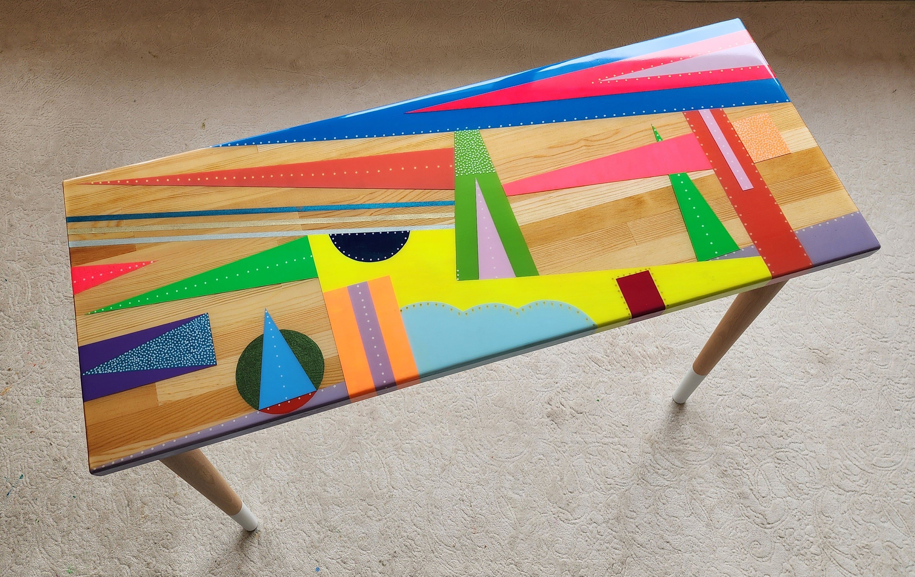 Colorful Funky Abstract Vintage Resin Table, Groovy Vibrant Wood Rainbow Pink Retro End Side Living Room Cool Epoxy Center Art Coffee Table