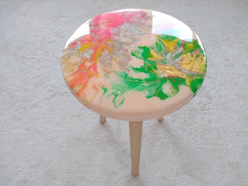 Round Gold Pink Resin Side Coffee Table, Bedside White Purple Modern Unique Epoxy Wood Wooden Abstract Art Sofa End Amazing Cool Table