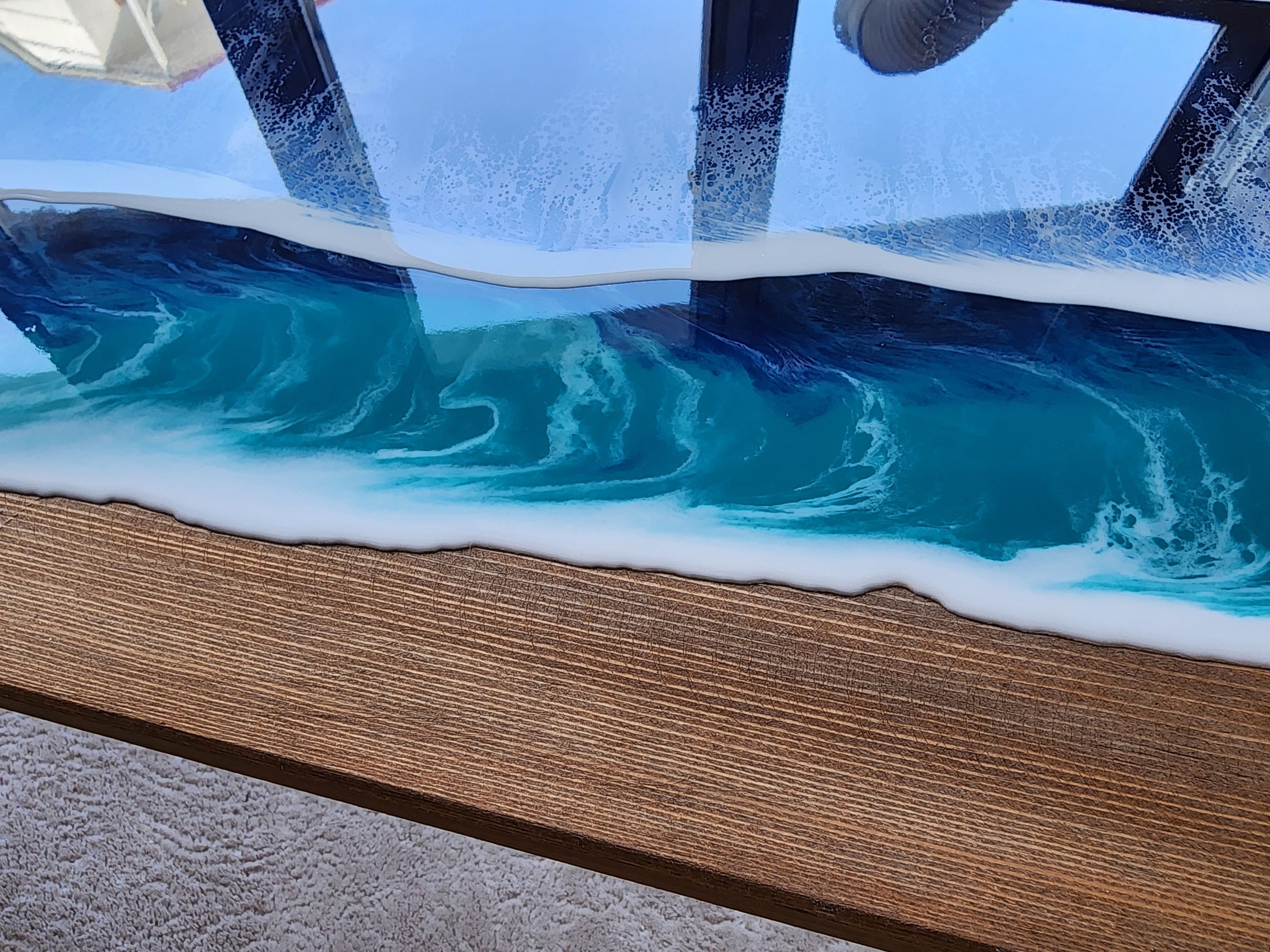 Natural Ocean Wave Blue Resin Beach Side Table, Wooden Sea Themed Living Room Bedroom Entryway Nautical Cool End Sofa Epoxy Art Coffee Table