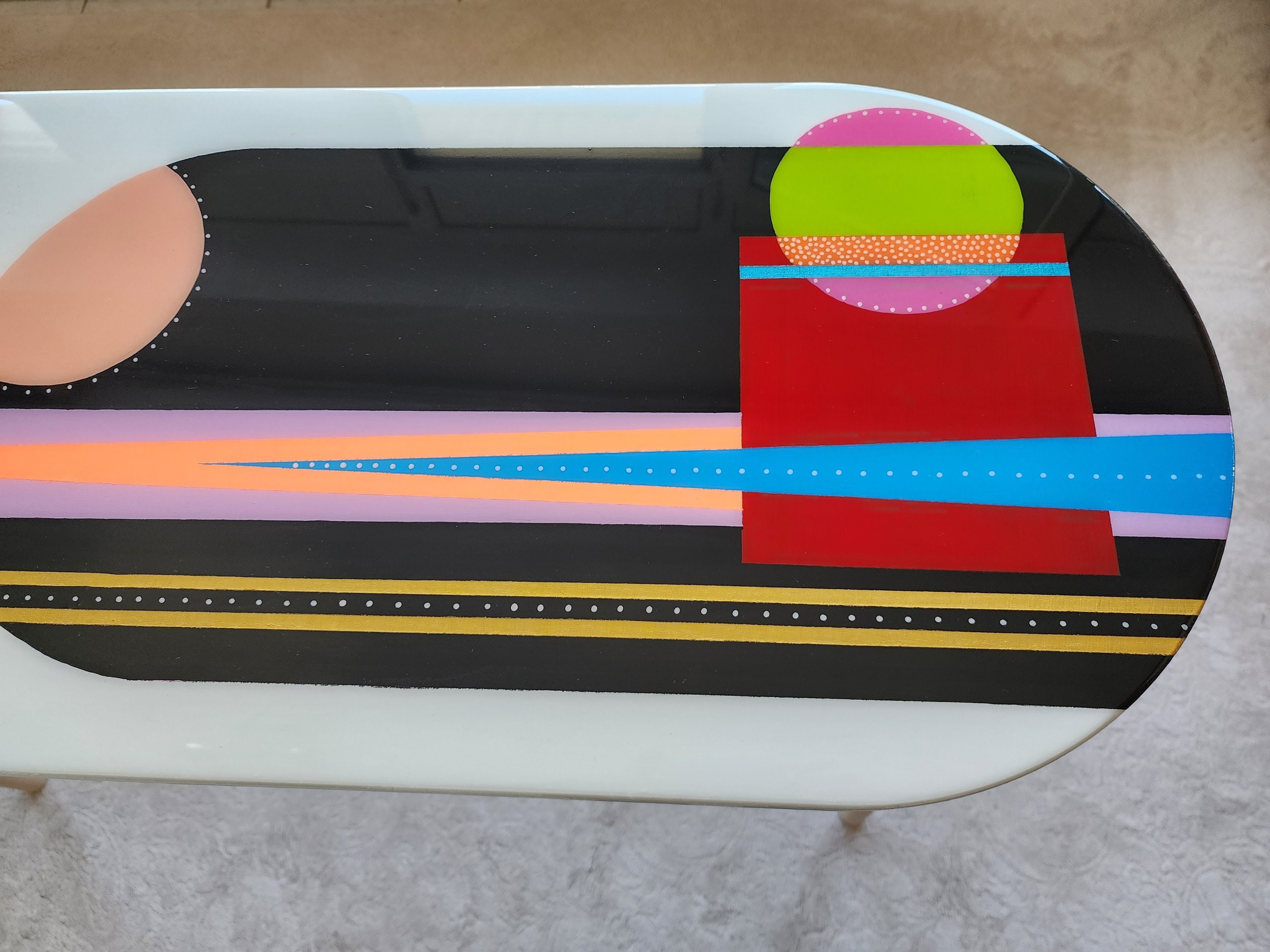 Unusual Colorful Abstract Funky Epoxy Resin White Table, Modern Handmade Cool Eclectic Retro Boho Pop Art Black Side End Center Coffee Table