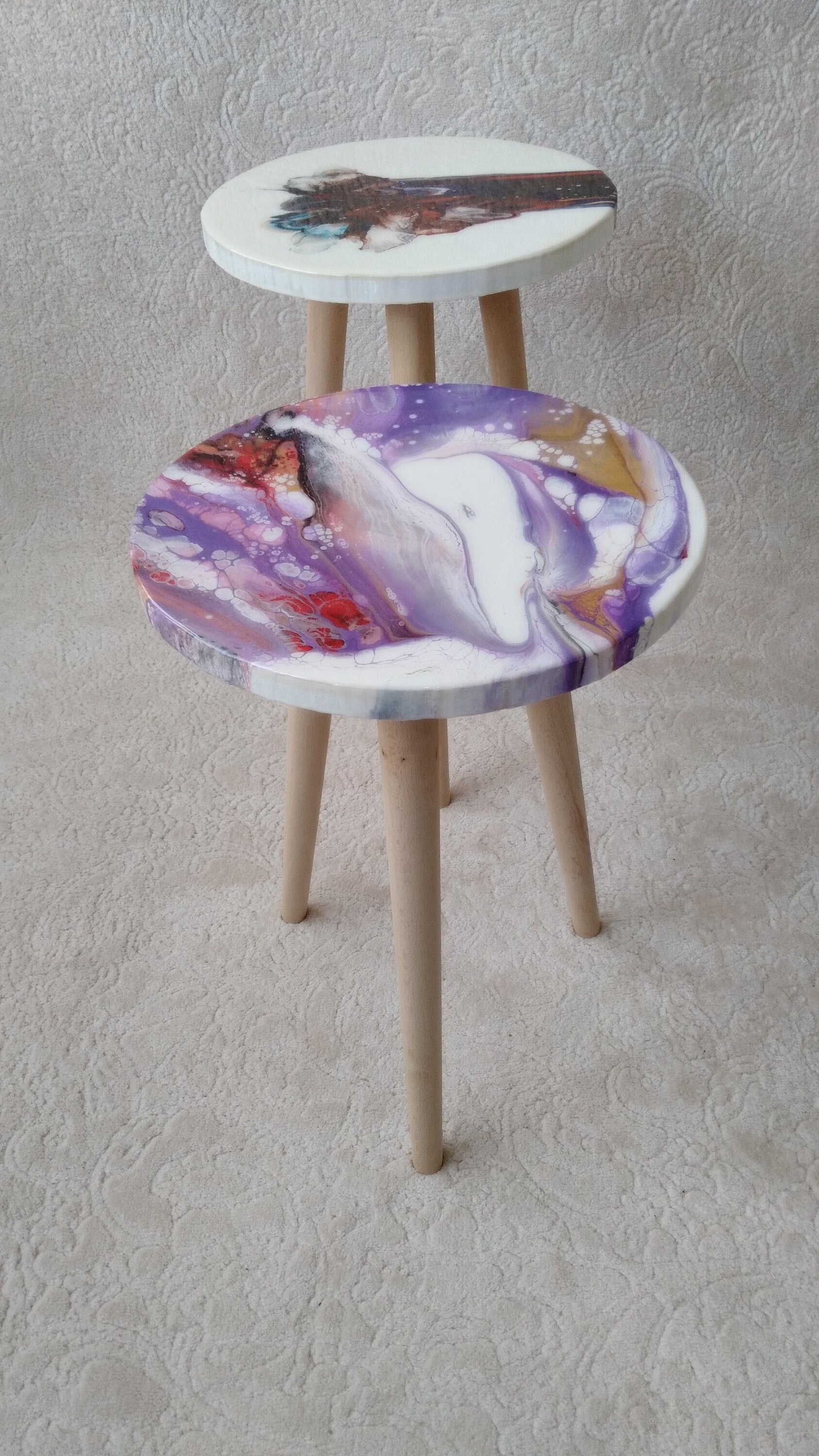 Wooden Colorful Resin Boho Side Coffee Tables, Living Room Bedside Entryway Cool Sofa End Center Wood Unique Purple Modern Epoxy Art Table