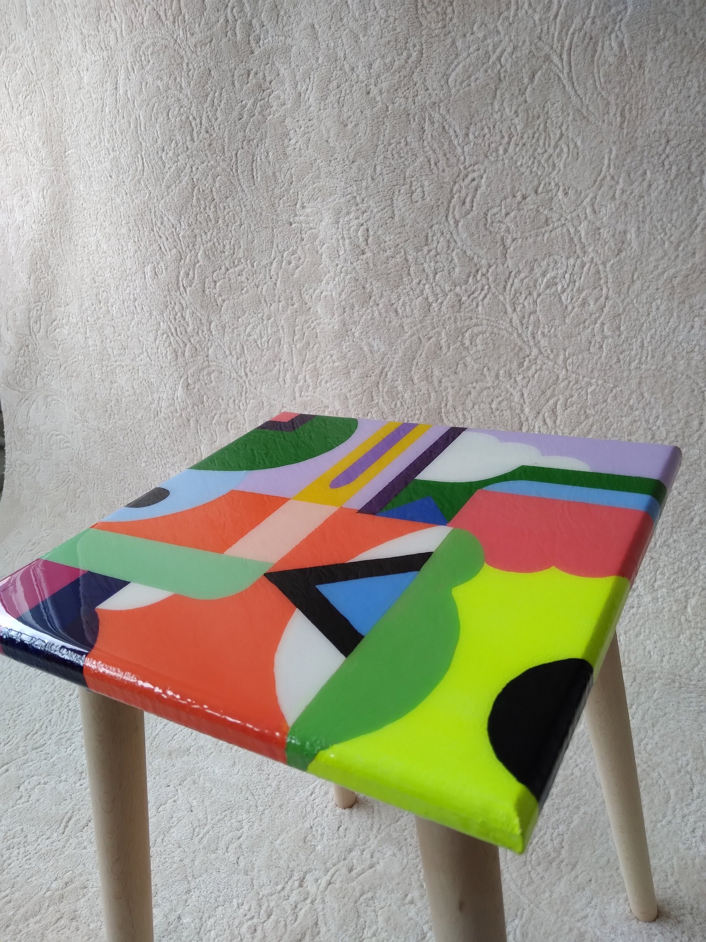 Colorful Abstract Funky Cool Resin Side Coffee Table,Wooden Square Center Corner Bedside Rainbow Pink Pop Art Design Unusual Epoxy End Table