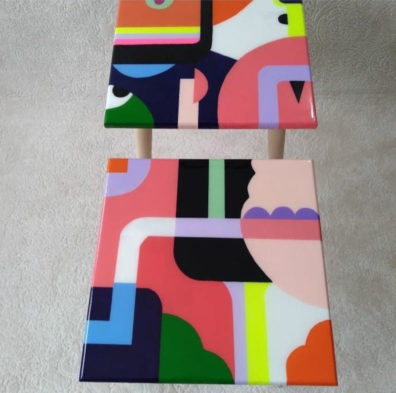 Abstract Modern Colorful Resin Side Coffee Tables, Funky Retro Art Furniture Cool Living Room Sofa Live Edge Wooden Vintage Epoxy End Table