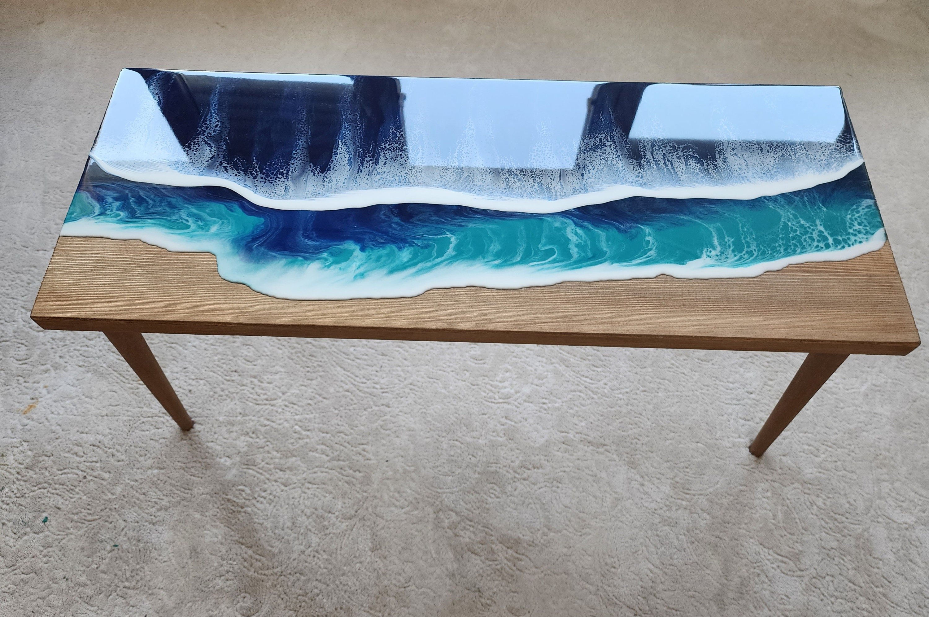 Natural Ocean Wave Blue Resin Beach Side Table, Wooden Sea Themed Living Room Bedroom Entryway Nautical Cool End Sofa Epoxy Art Coffee Table