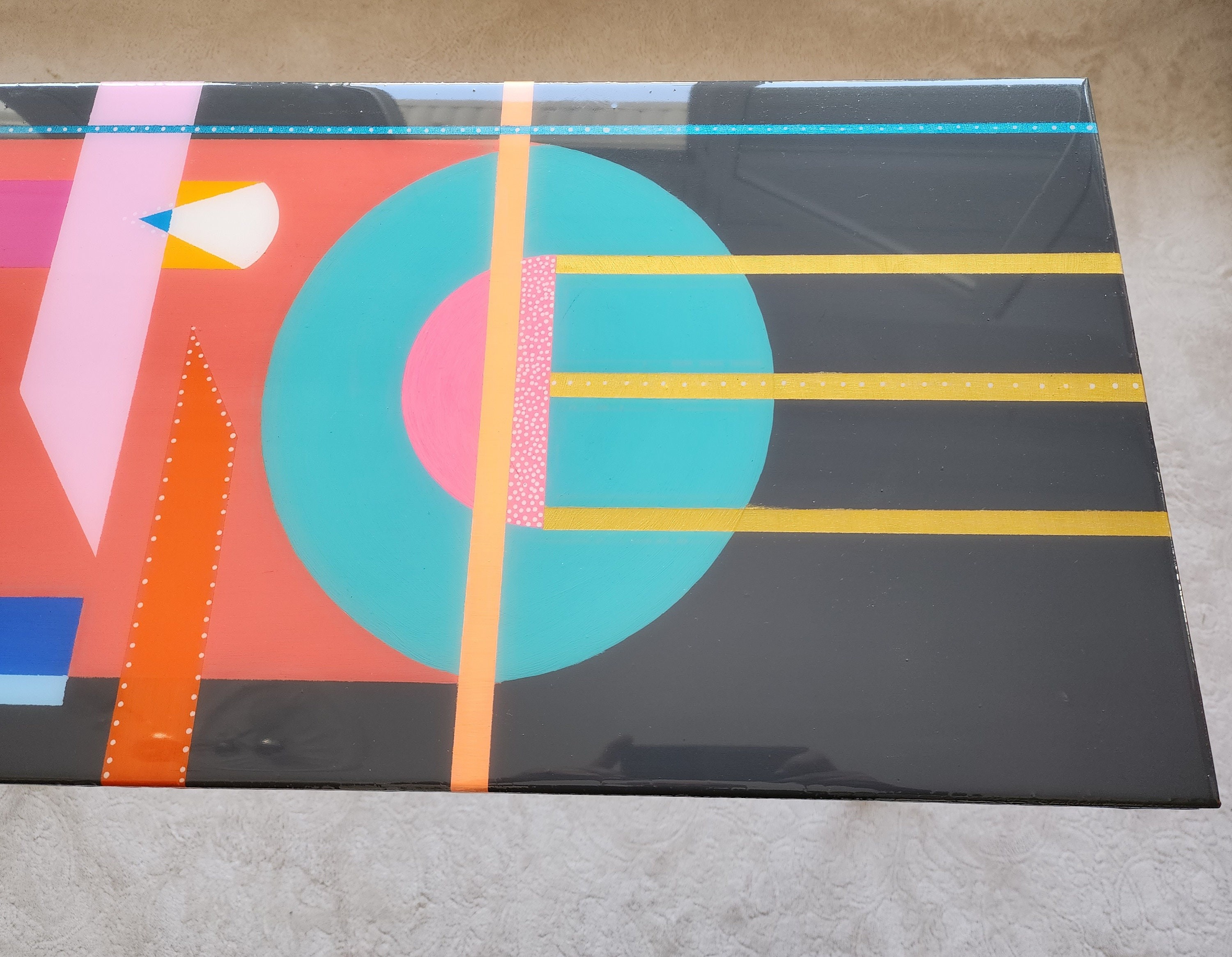 Oval Colorful Funky Abstract Epoxy Resin Side Coffee Table,Pink Black Groovy Vibrant Wooden Rainbow Retro Cool Luxury Center Art End Table
