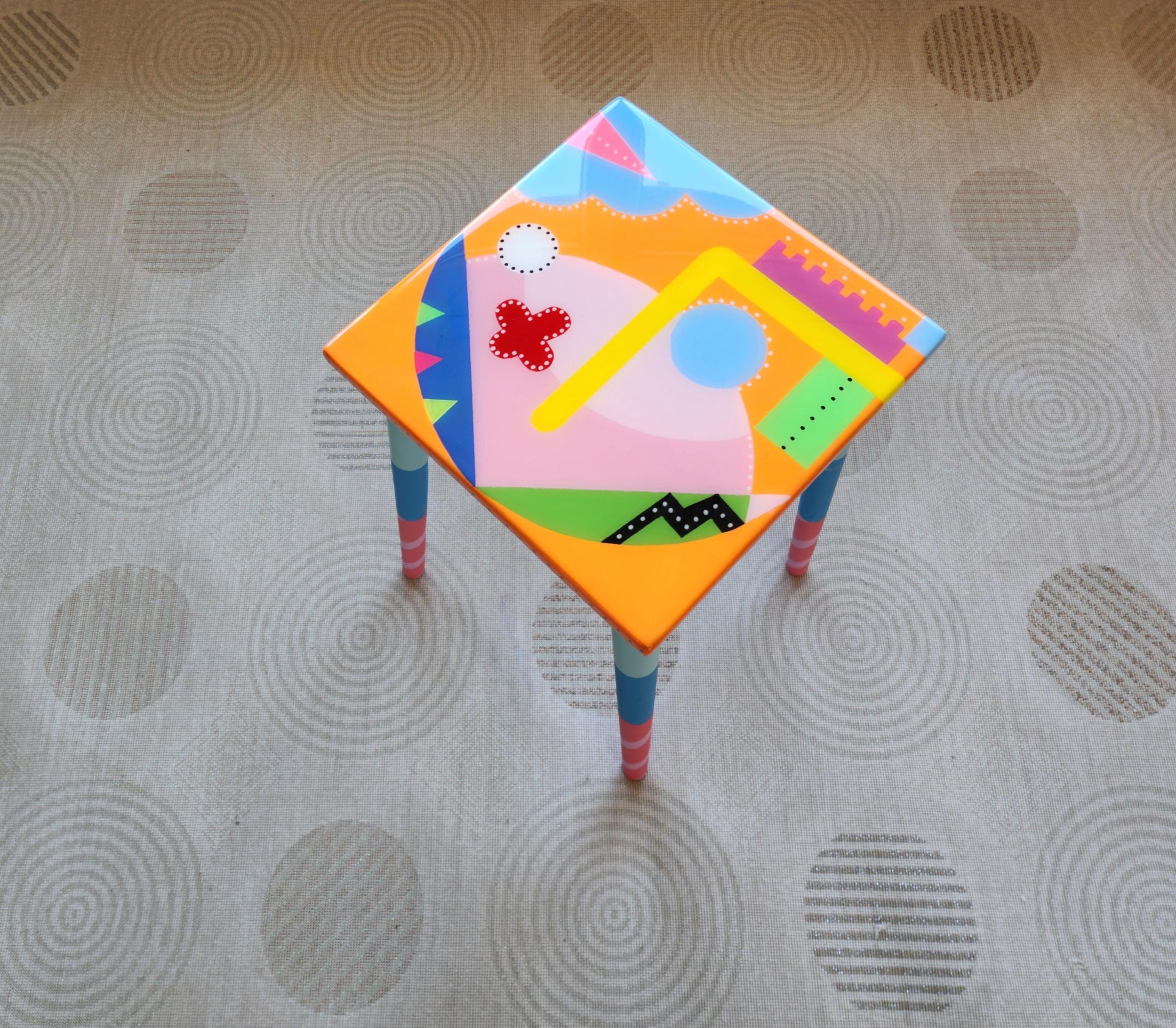 Small Wooden Hand Painted Resin Cool Side Coffee Tables,Colorful Pink Orange Blue Abstract Epoxy Art Tables