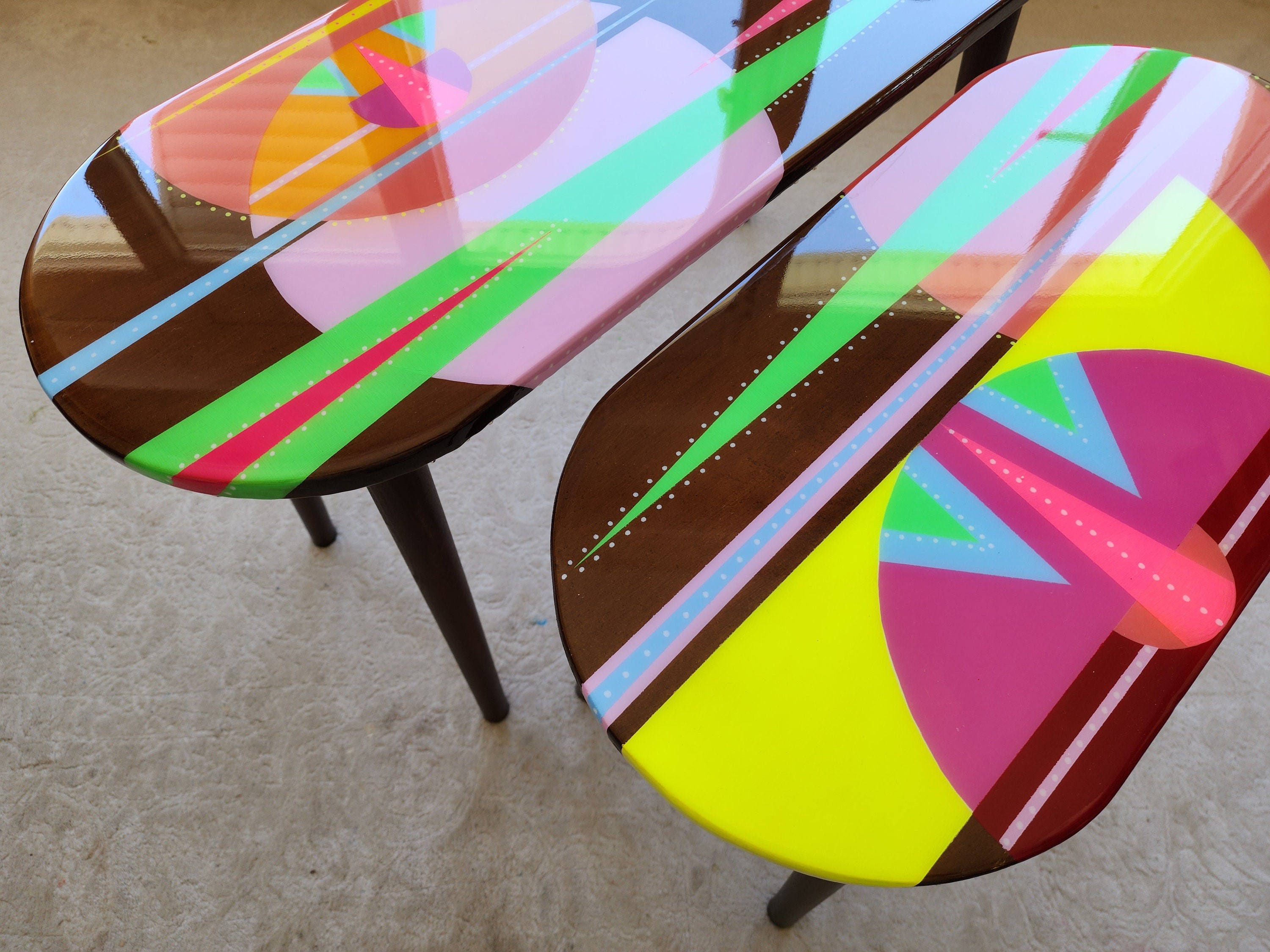 Unusual Pink Funky Colorful Side Narrow Resin Coffee Tables,Maximalist Eclectic Abstract Cool Neon Painted Leg Epoxy Cute Boho Pop Art Table