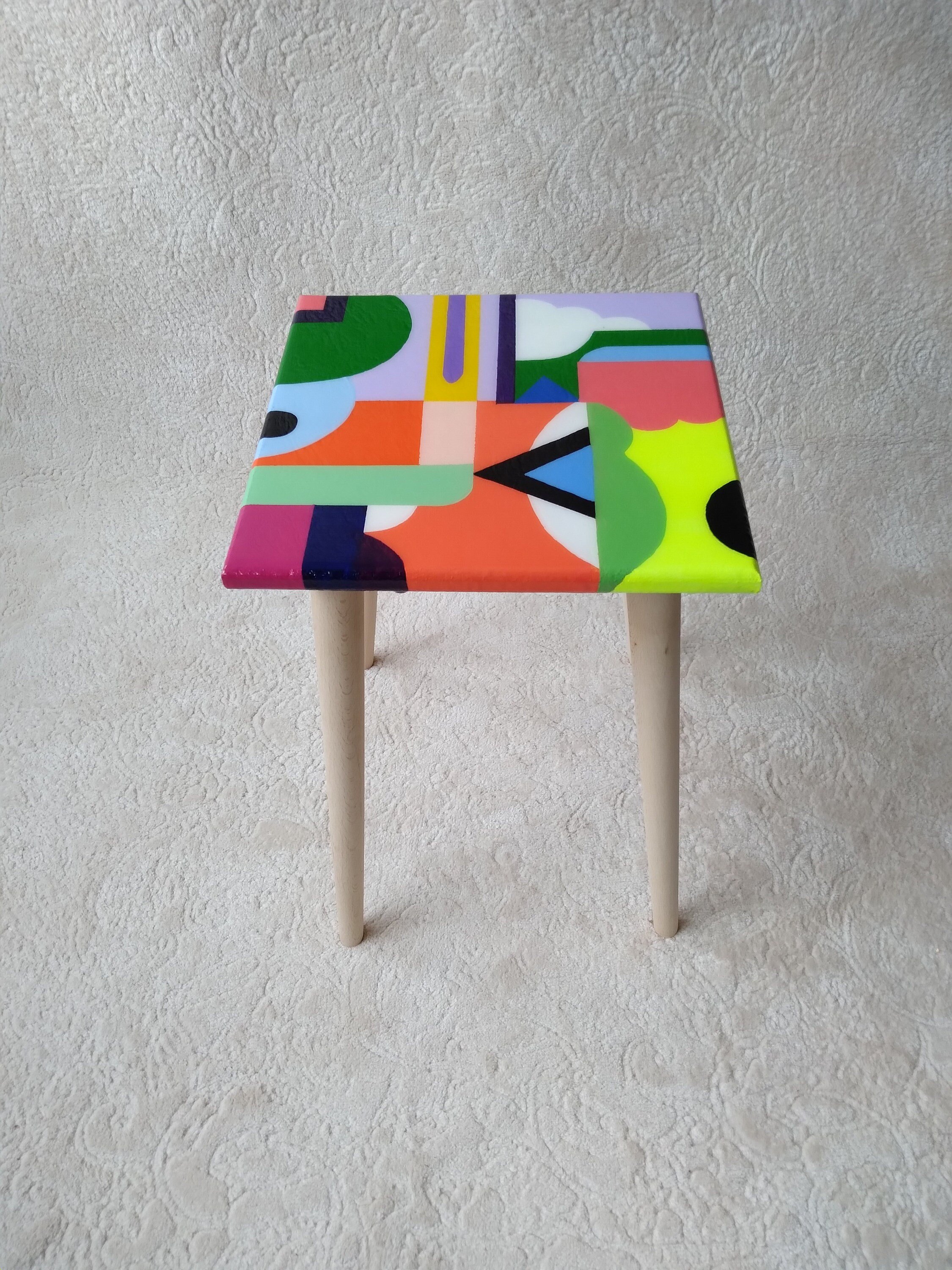 Colorful Abstract Funky Cool Resin Side Coffee Table,Wooden Square Center Corner Bedside Rainbow Pink Pop Art Design Unusual Epoxy End Table