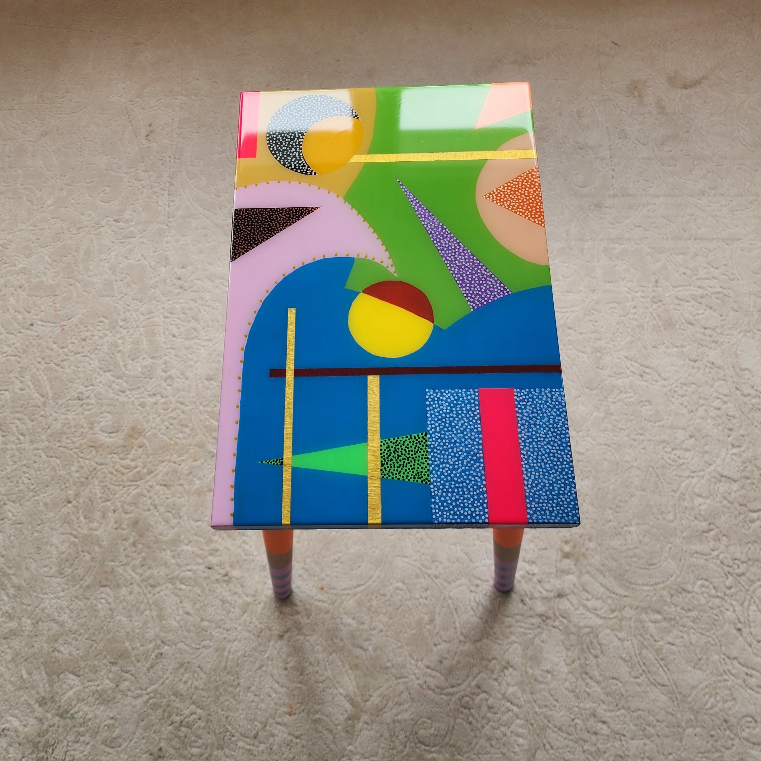 Unusual Unique Wooden Retro Epoxy Resin Blue Green Side Coffee Table