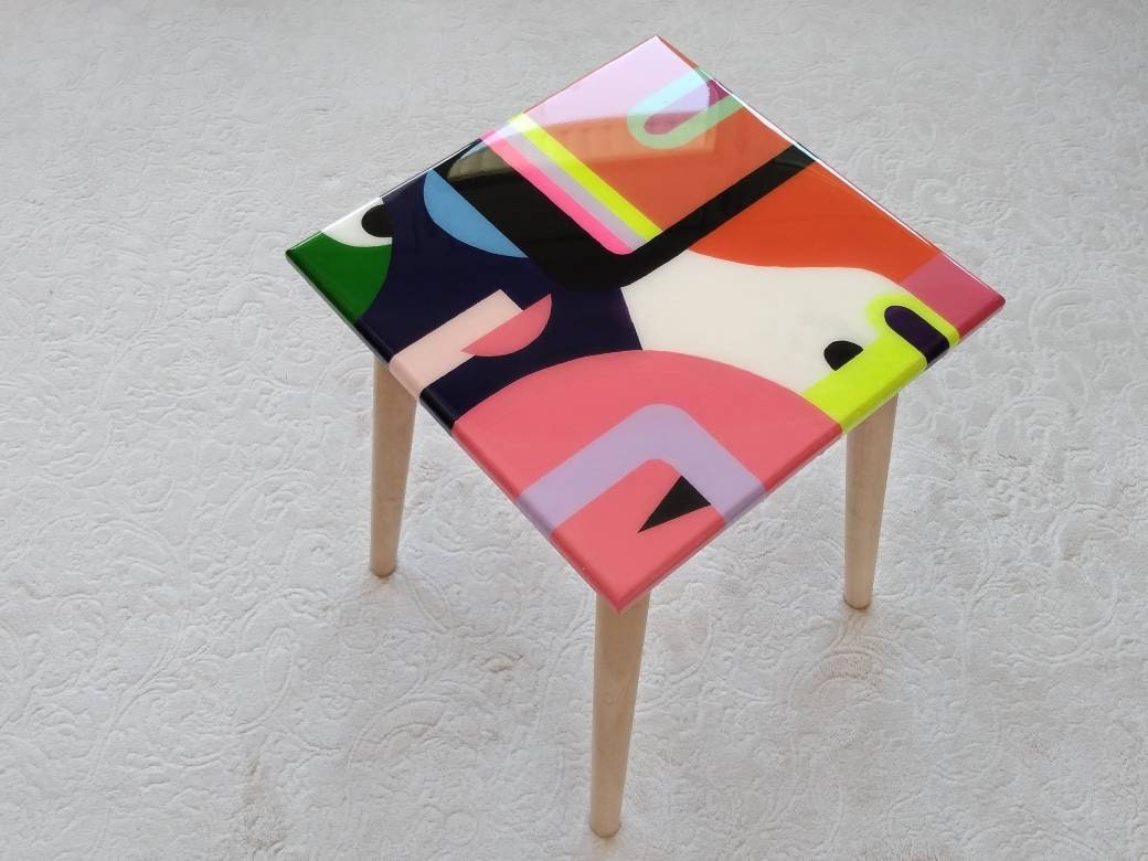 Small Abstract Colorful Resin Side End Coffee Table, Modern Mid Century Style Orange Yellow Unique Wooden Funky Boho Cool Art Coffee Table
