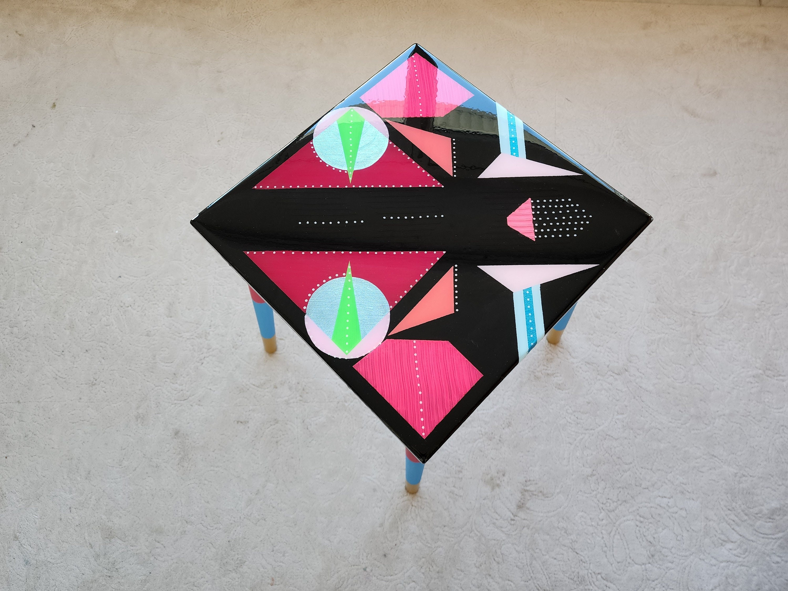 Hand Painted Black Abstract Wooden Epoxy Resin Side End Table, Colorful Funky Eclectic Rainbow  Pop Art Cute Unusual Geometric Coffee Table
