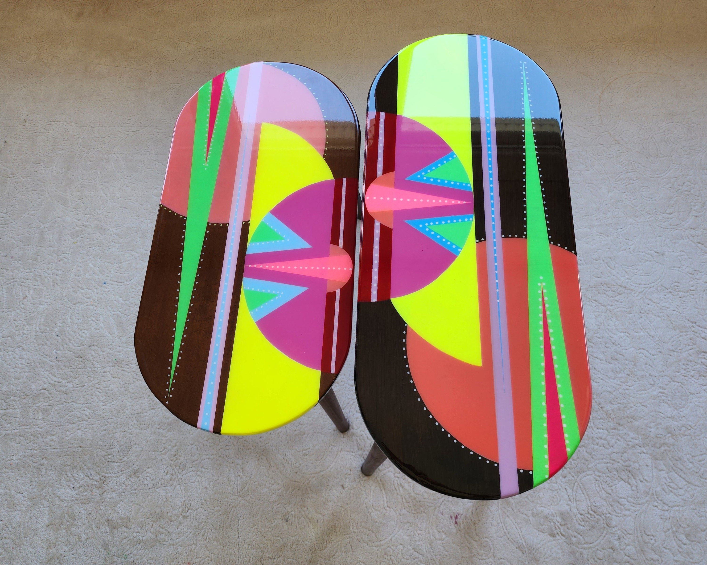 Unusual Pink Funky Colorful Side Narrow Resin Coffee Tables,Maximalist Eclectic Abstract Cool Neon Painted Leg Epoxy Cute Boho Pop Art Table
