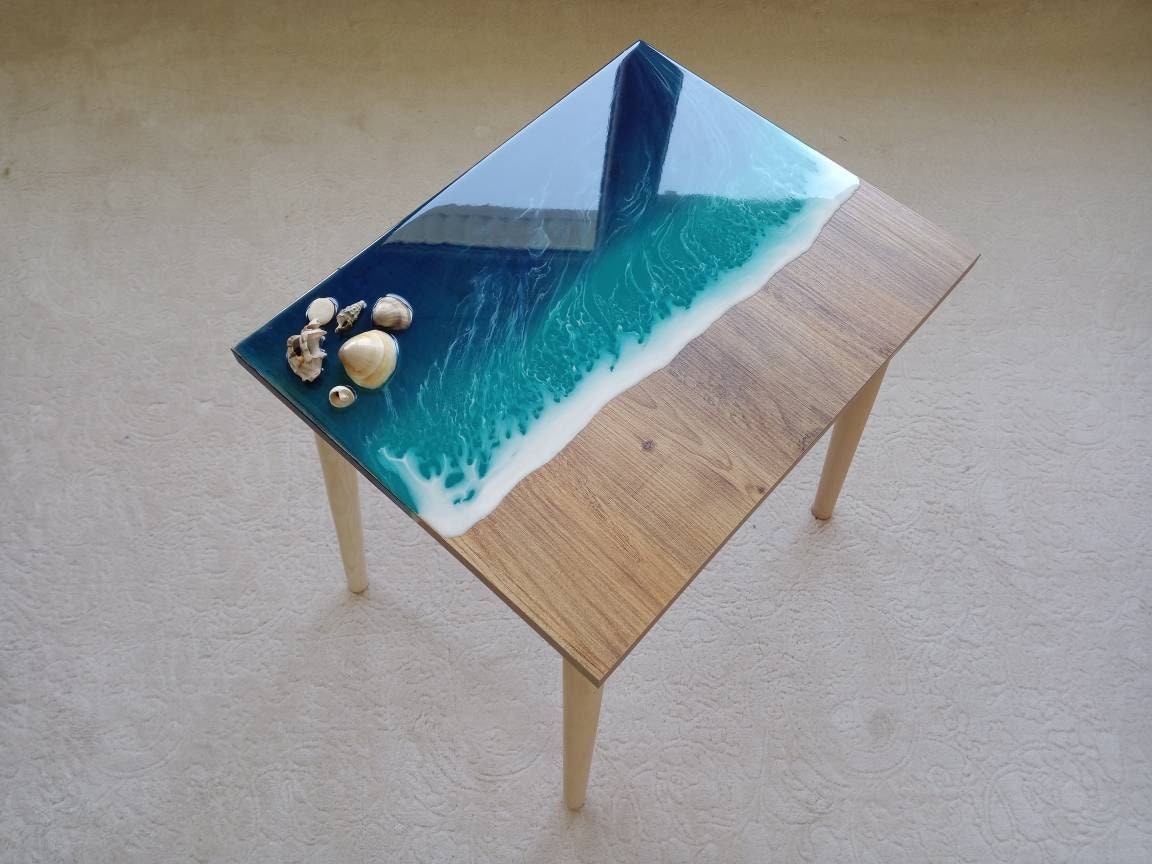 Wooden Cute Ocean Wave Side End Resin Coffee Table,Nautical Beachy Home Furniture, Natural Seashells Table, Small Sea Theme Cool Art Table