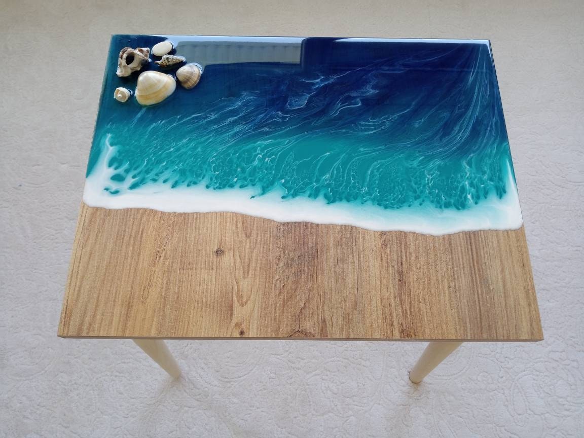Wooden Cute Ocean Wave Side End Resin Coffee Table,Nautical Beachy Home Furniture, Natural Seashells Table, Small Sea Theme Cool Art Table