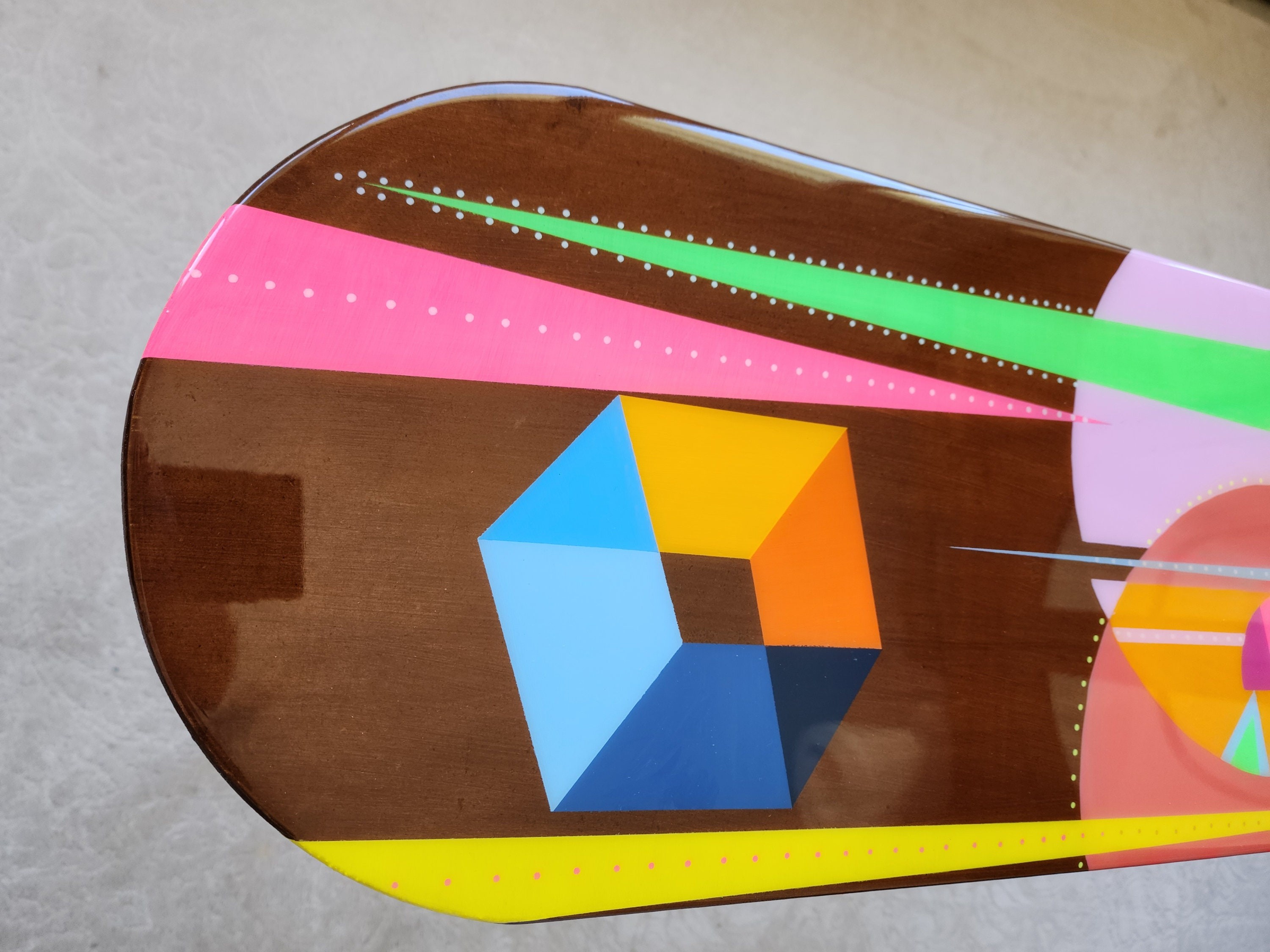 Oval Handmade Funky Colorful Resin Side Coffee Table,Wooden Retro Vintage Abstract Painted Pop Art Living Room Cool Pink Brown Unusual Table