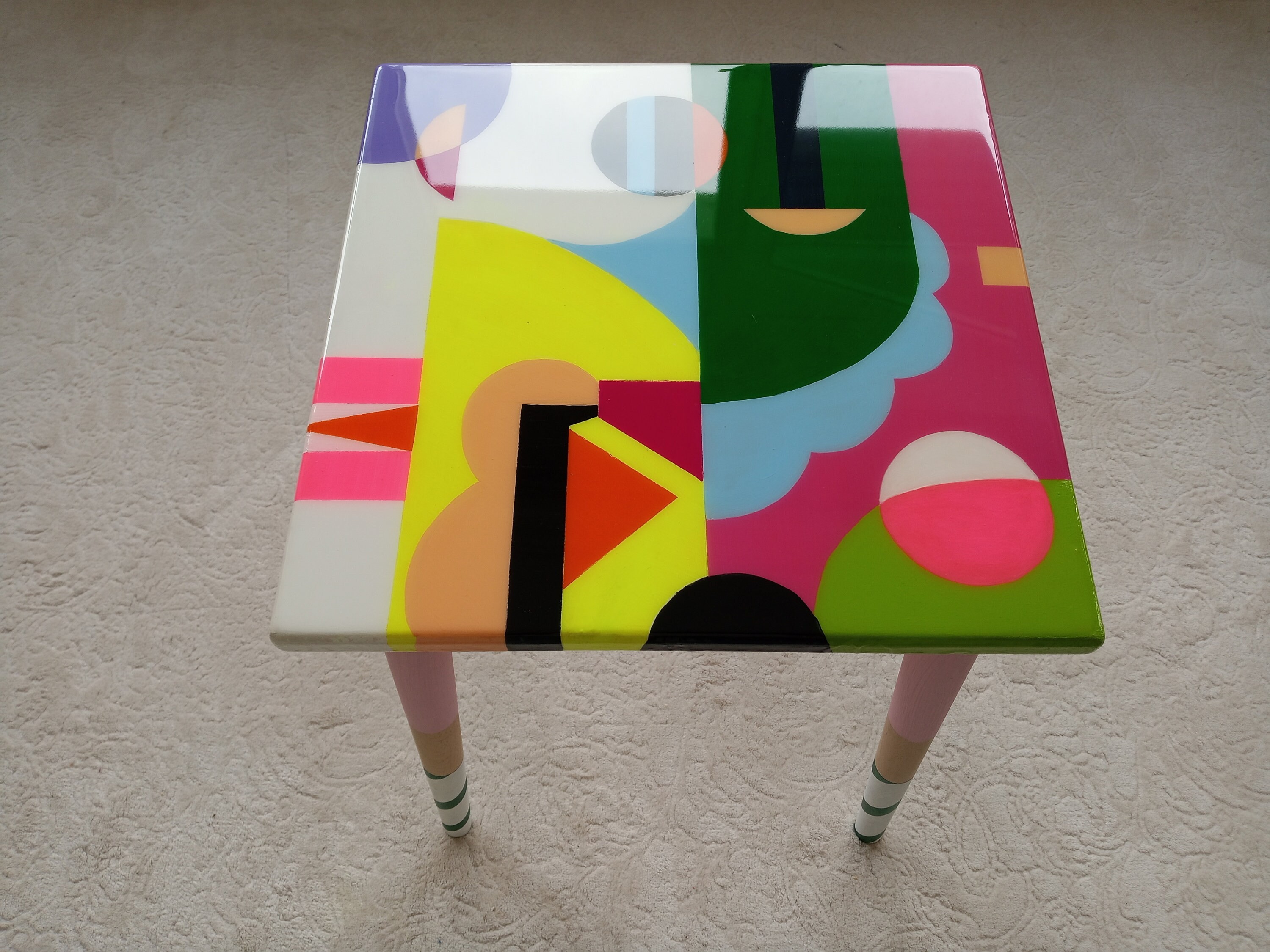Square Colorful Funky Abstract Boho Resin Table,Pink Purple Groovy Vibrant Wood Rainbow Retro Hippi End Side Cool Luxury Center Coffee Table